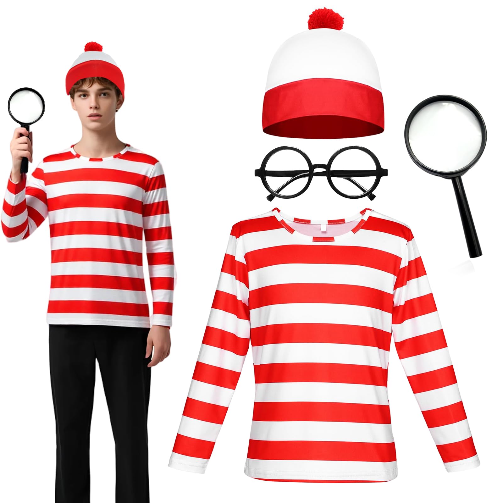 4PCS Wally Costume Set for Women Men, Unisex Fancy Dress Accessories with Red and White Striped Long-Sleeve Shirt Beanie Hat Glasses Magnifying Glass for Adults Cosplay World Book Day Halloween