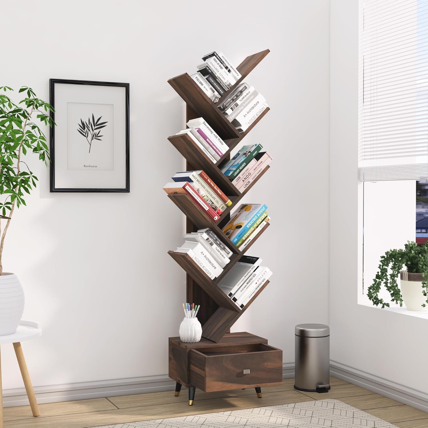 Wooden Tree Shape Bookshelf with Drawer | Sheesham Wood Bookshelf | Wood Bookshelf Cabinet Book Rack Organizer with Shelves (Walnut Finish)-image-13