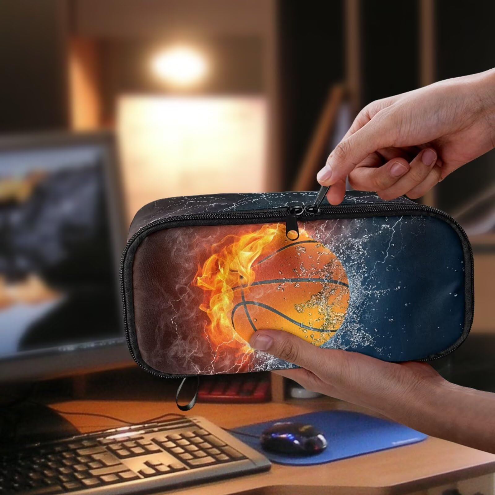 Dngkaoje Flame Water Basketball Pencil Case for Kids Pencil Box Boys Cool Basketball Pen Bag with Zipper Big Capacity Pen Pouch with Pen Slot Travel Storage Box Stationery School Supplies Office - Image 2