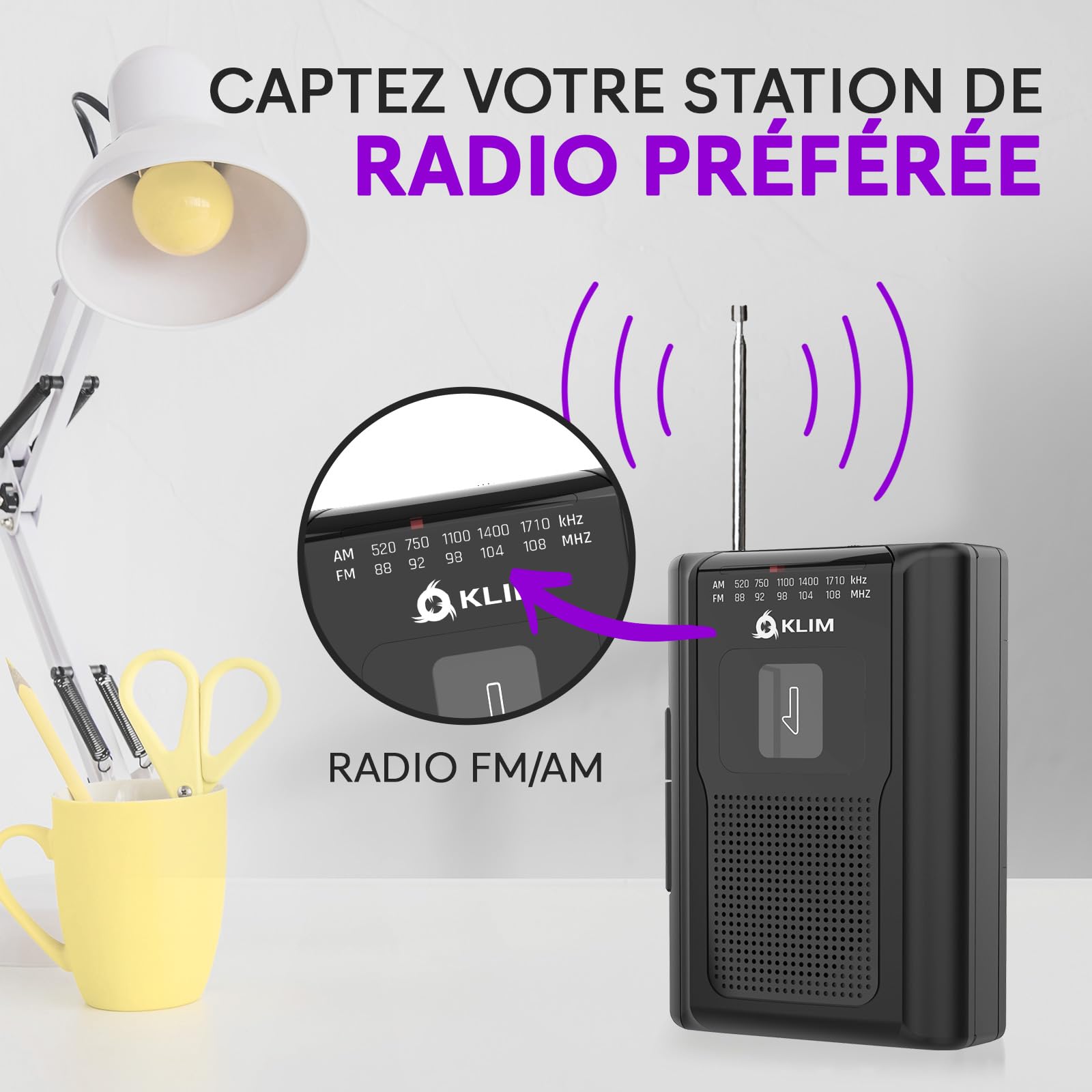 KLIM K8 Lecteur Cassette Audio avec Un Casque F1 - Enregistreur Cassette - Nouveau Player - Radio AM/FM - Microphone et Haut-Parleur Intégrés - Prise Casque et Écouteurs - Noir