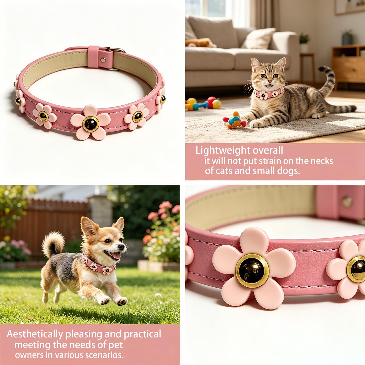 Adjustable Pink Floral Pet Collar with Cute Flower Studs - Soft Fabric Dog and Cat Collars for Small, Medium, Large Pets - Ideal for Daily Walking & Parties (S(7.48-10.62in))