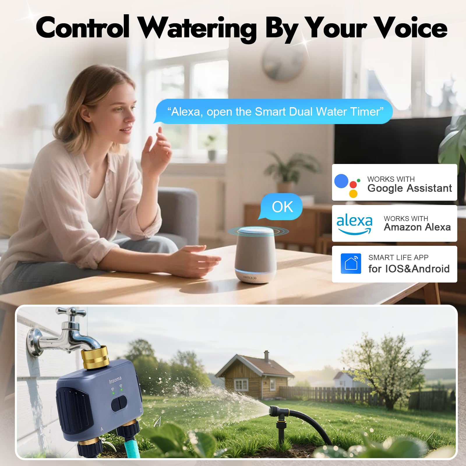 Timer wody WiFi do węża ogrodowego z mosiężnym wlotem i wylotem, inteligentny timer węża z koncentratorem WiFi, aplikacją i sterowaniem głosowym, do 20 planów nawadniania, 2-strefowy kontroler systemu