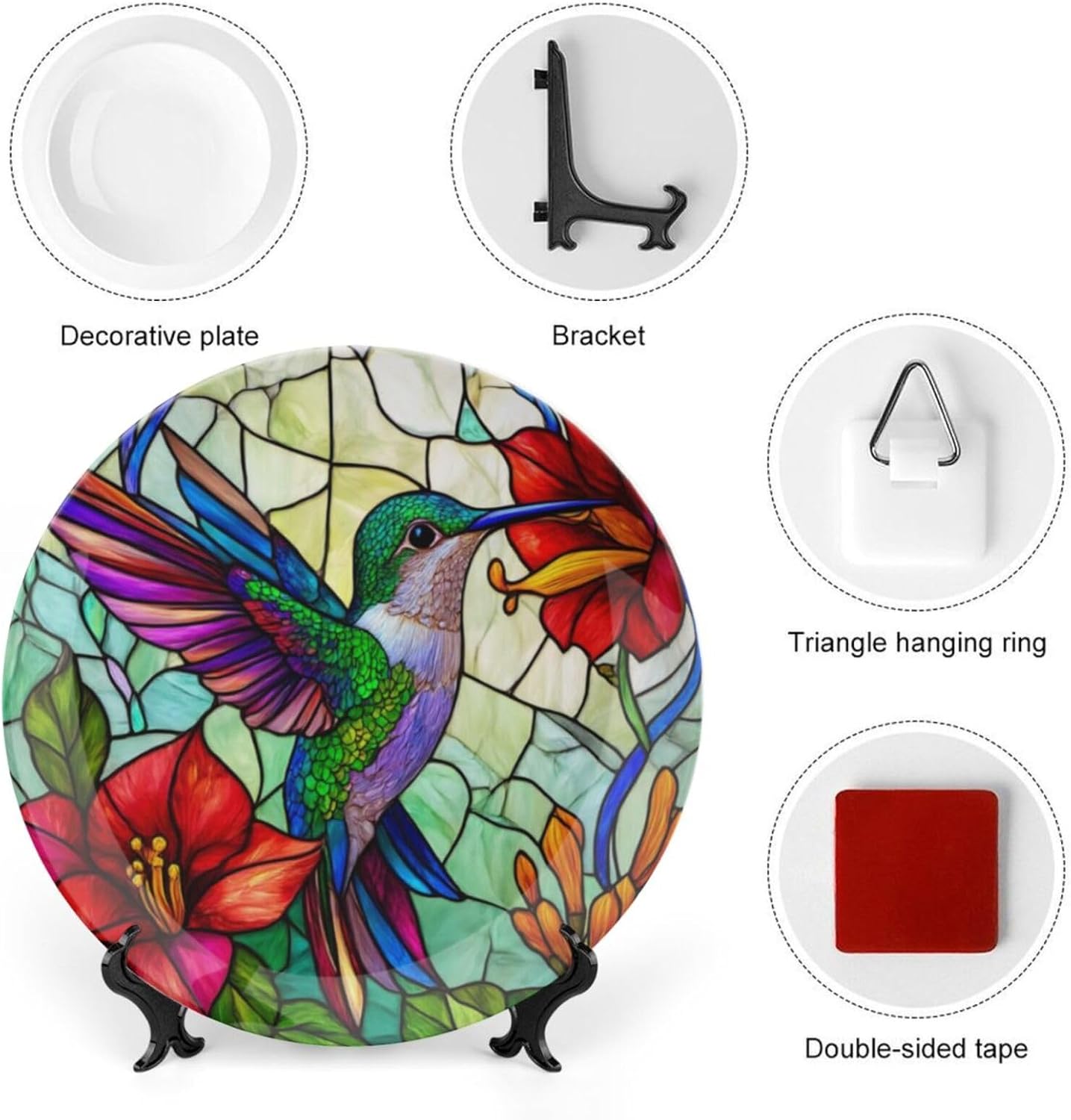 Hummingbird Theme Decorative Ceramic Plate Round Porcelain Plate,10 inch,Floral Stained Glass Pattern,for Decorative Ornaments Giving Plates,1 Plate with 1 Display Stand,Red Green