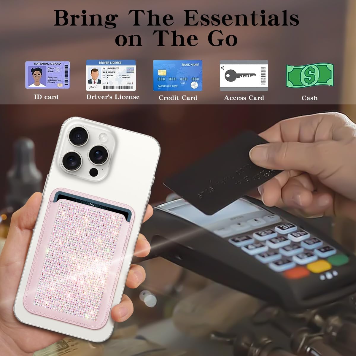 Strong Magnetic Bling Card Holder Wallet Compatible with MagSafe for Women Girls,Leather Wallet with Glitter rhinestone for iPhone 16/15/14/13/12 Series,Sparkle Magnetic Phone Wallet,Pink - Image 6