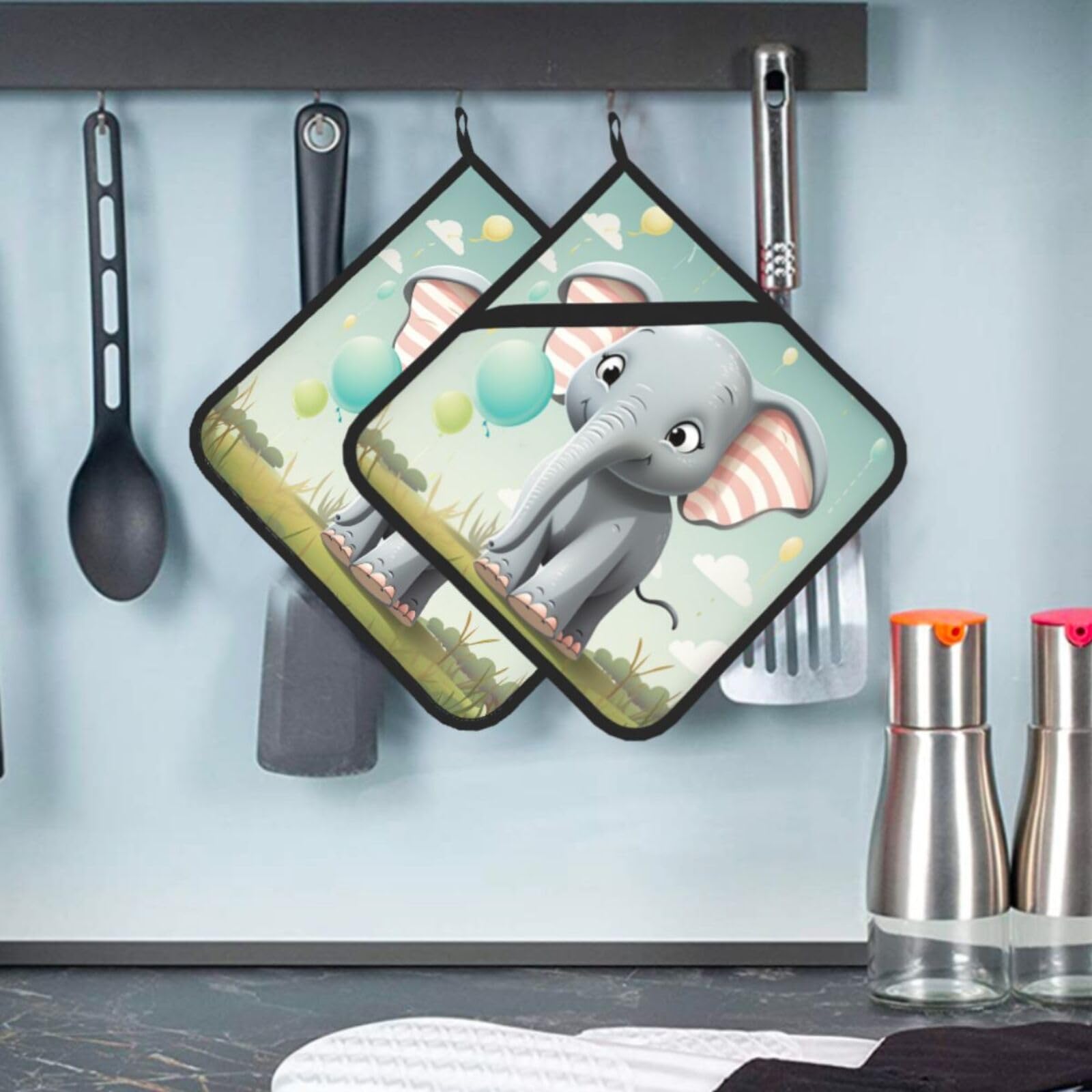 2 Pcs Pot Holders for Kitchen Heat Resistant Cotton Potholers Lovely Elephant Oven Hot Pads for Microwave Cooking Baking BBQ