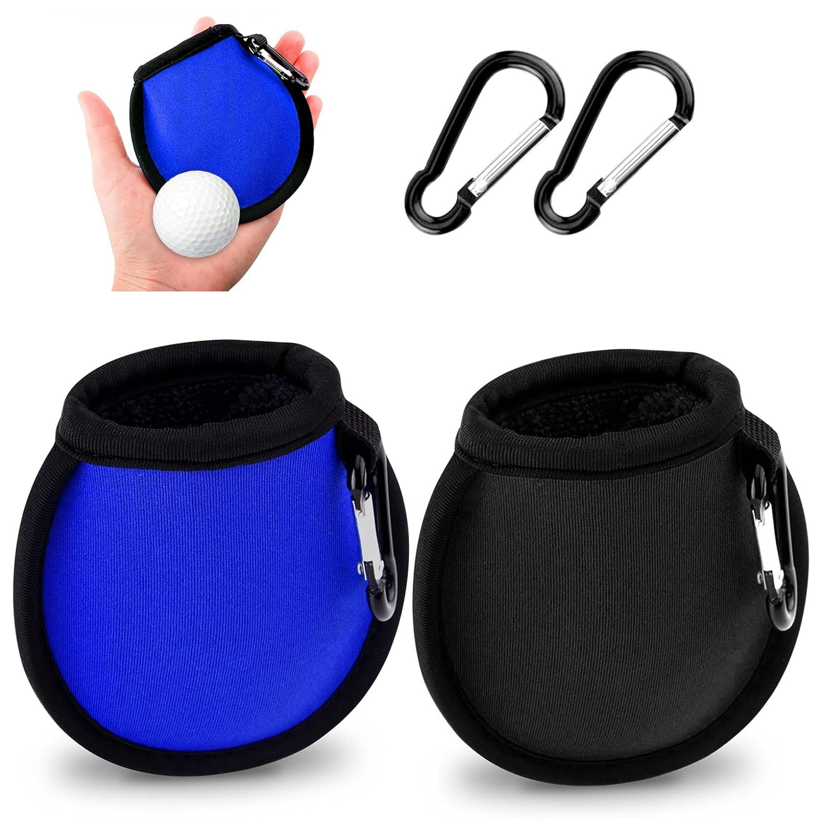 FUZVOL 2 PCS Golf Ball Cleaner Pouch Waterproof Golf Accesorries Washer Pocket with Carabiner Golf Ball Cleaner Bag Accesorries Golf Ball Dry-Clean Pocket Golf Gifts for Men(Blue+Blcak)