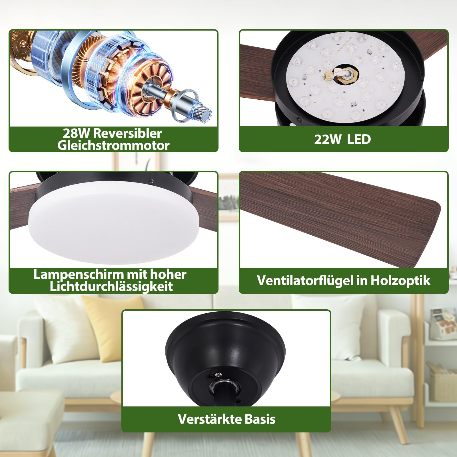 Glitzerlife LED Deckenventilator mit Beleuchtung und Fernbedienung | 22W Deckenventilatorn leise 131cm Ventilator mit Licht Dimmbar 6 Gang Timer Deckenlampe Ventilator Schlafzimmer Wohnzimmer