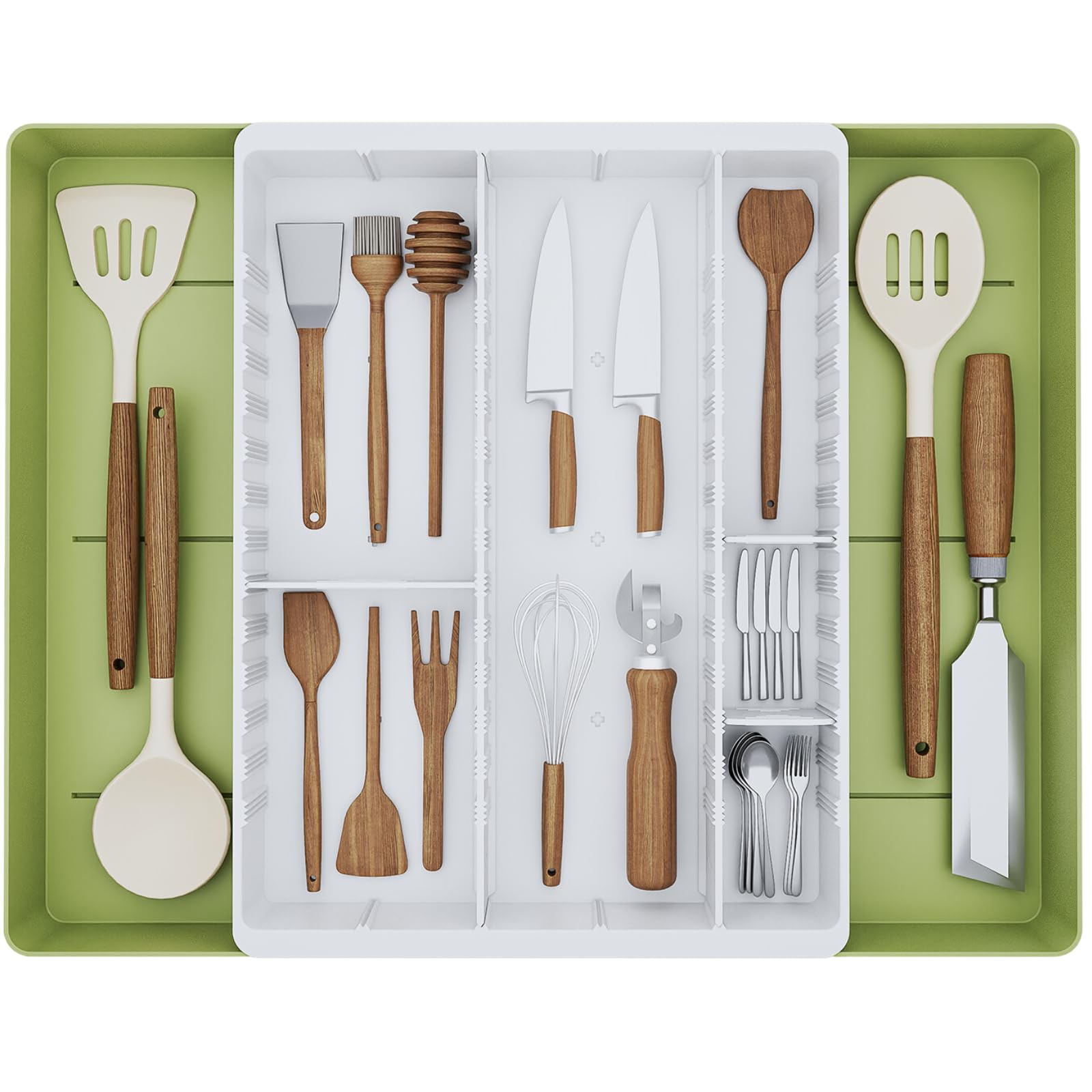 ZTX Adjustable Drawer Organizer - Junk Drawer Organizer for Kitchen & Desk,DIY Expandable Utensil Tray, Durable Plastic Storage for Spoons, Forks, Knives, Spatulas(Green and White)