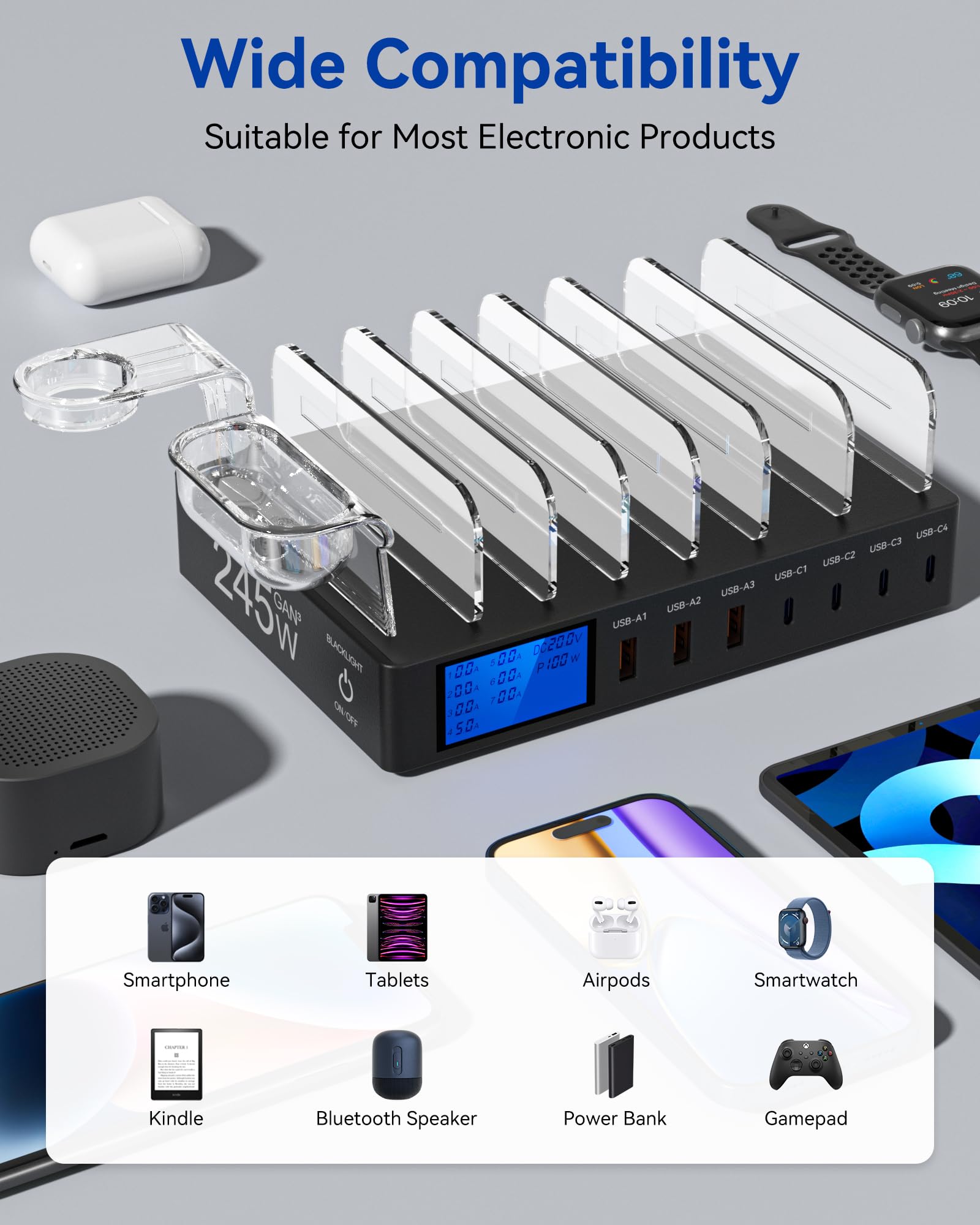 Stacja ładująca 245 W, 7 portów, wiele portów, ekran LCD, szybkie ładowanie USB C PD 100 W do iPhone'a, tabletu i innych urządzeń elektronicznych (bez kabla ładującego)
