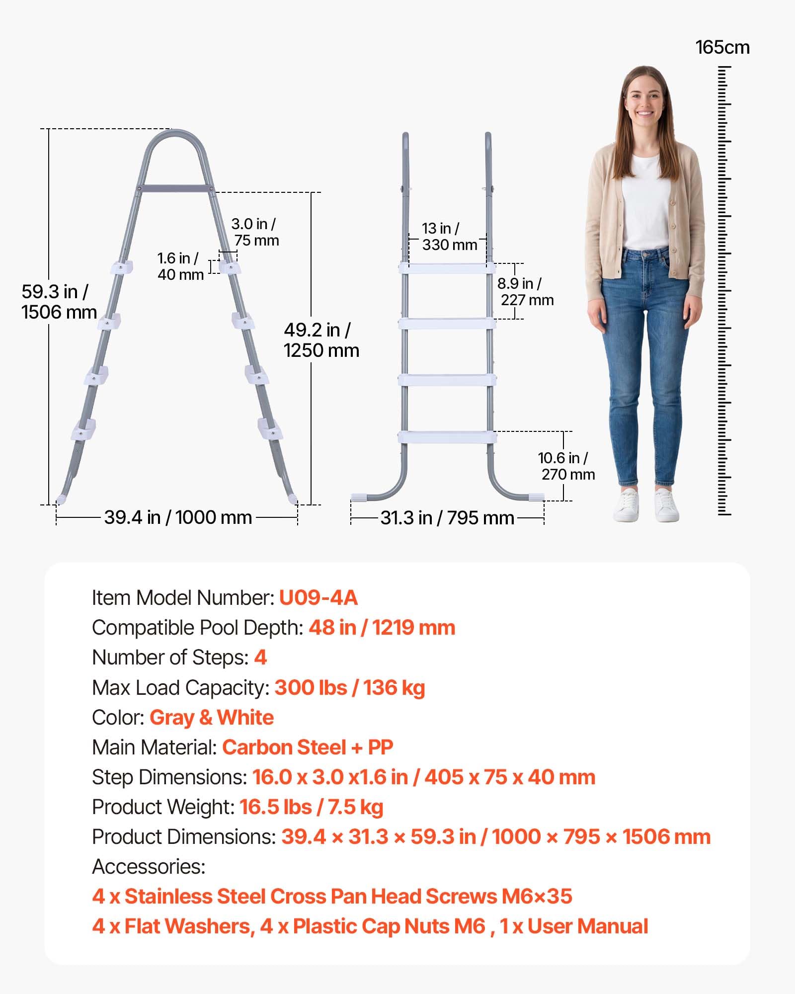 VEVOR Échelle de Piscine Hors Sol 122 cm Acier Carbone 4 Marches PP Antidérapantes Capacité Charge 136 kg Gris Blanc