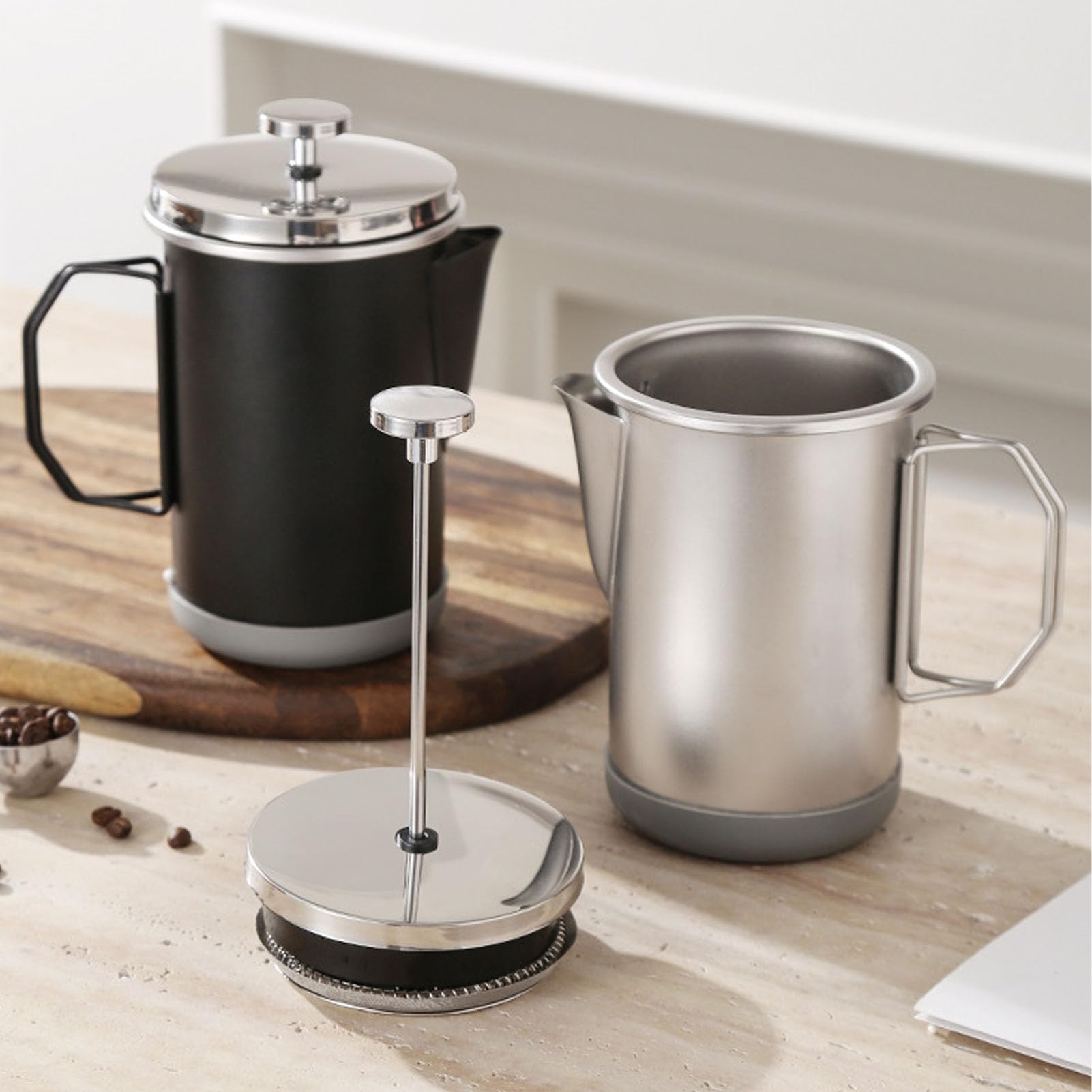 1000ml French Press Coffee Maker, Portable 304 Stainless Steel Hand Brewed Coffee Press Teapot for Camping (Black)