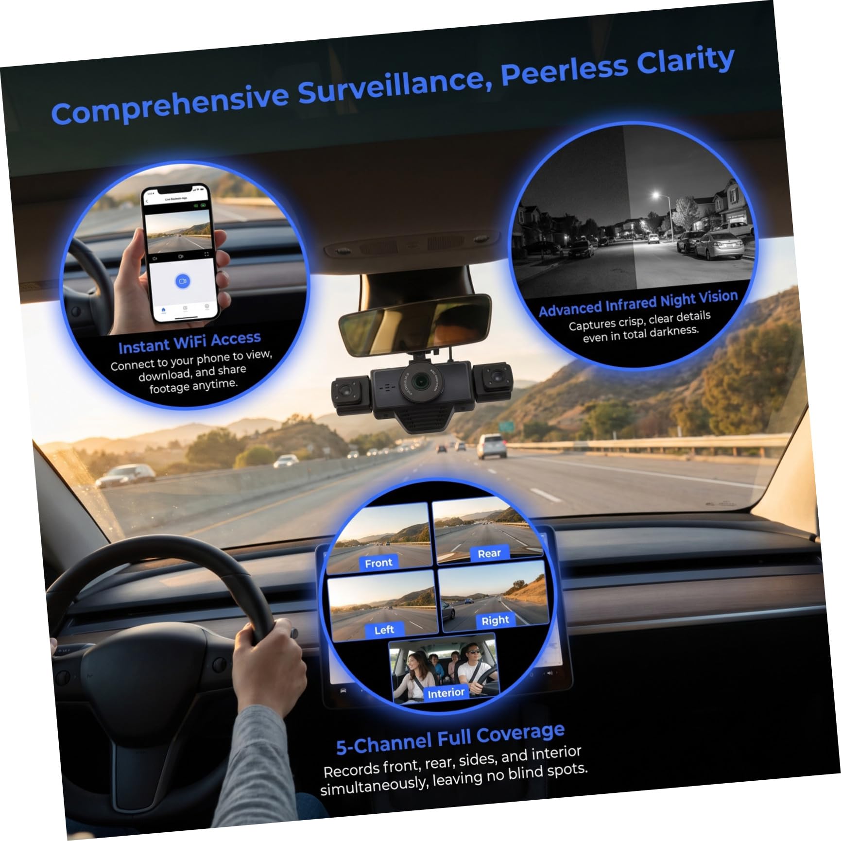 ERINGOGO Videoregistratore Auto Wifi a Cinque Vie, Visione Notturna | Registrazione Completa a Copertura , Auto Loop, Abs Nero, per Auto e Viaggio su Strada