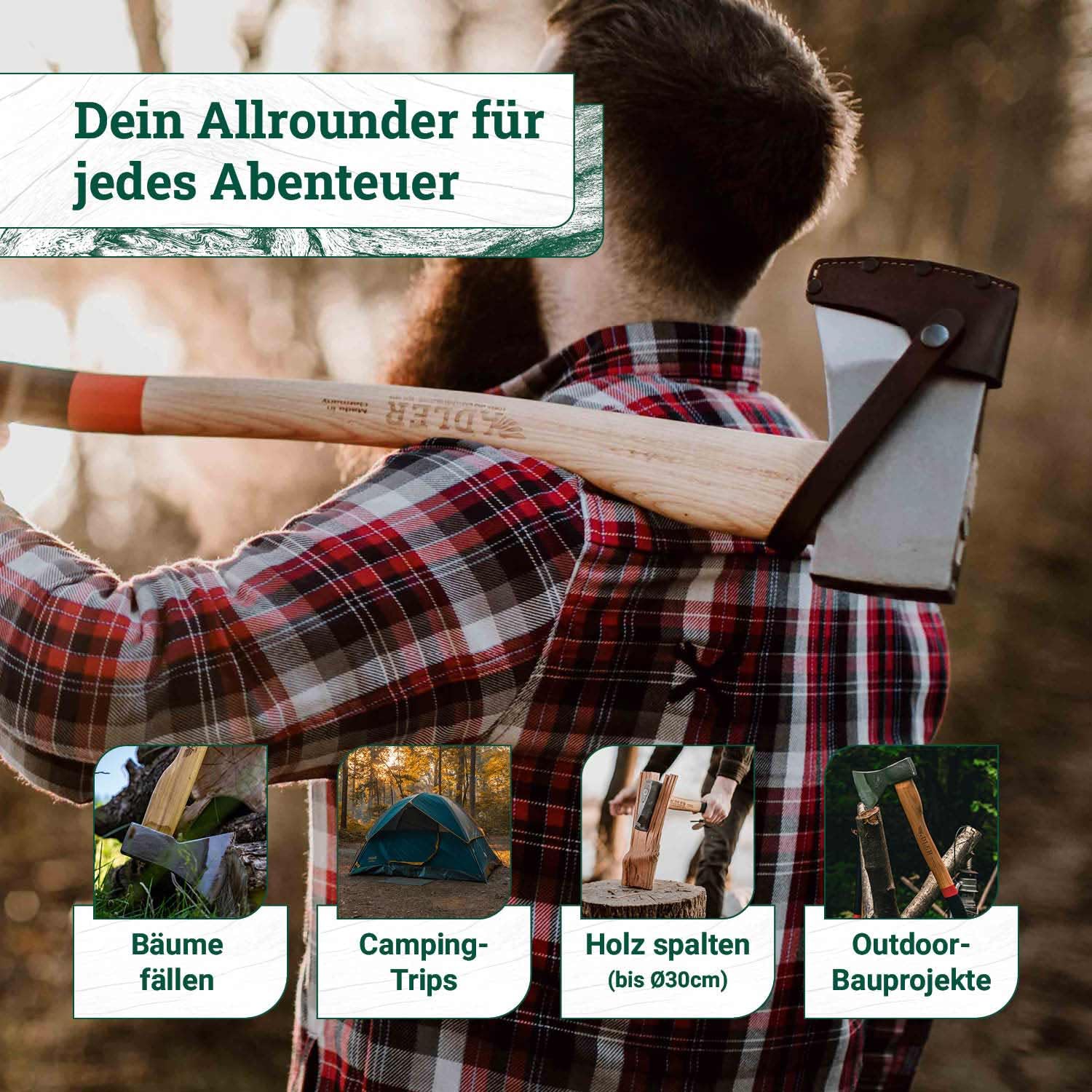 ADLER Yankeeaxt Fällaxt 1600g 80 cm C60 Hickorystiel Spalten Grün