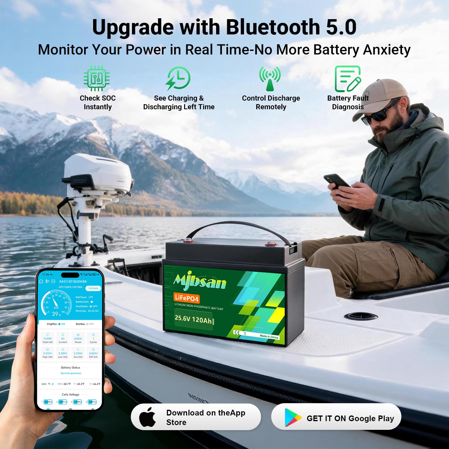 Mjbsan Batería de litio LiFePO4 Mini Bluetooth LiFePO4 de 24 V 120 Ah con 150 A BMS para Marine Boot Trolling Motoren-25,6 V batería de litio con 3072 W Power Group 31 +, 8000 + ciclos profundos