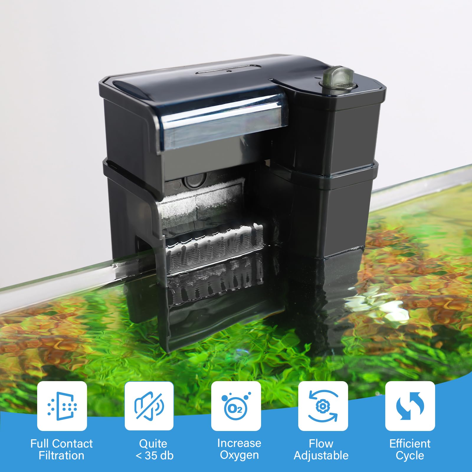 hygger Aquariumfilter, Ultra Leise Aquarium Hang on Filter, Mehrstufige Filtration Aktivkohle Biochemischer Fischtankfilter für bis zu 50 Gallonen Aquarien, Einstellbarer Durchfluss, 153 GPH, 7 W,