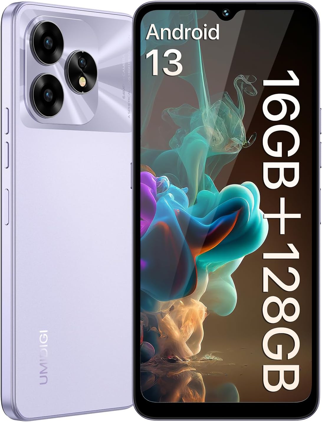 UMIDIGI A15T NFC Mobile Phone(2024),16+128GB,MediaTek Helio G95 Octa-Core Smartphone,64+8+2MP Triple Camera,16MP Front,5000mAh,Android 13 Phone,6.7”HD+ Screen,4G Dual SIM/Face ID/GPS/OTG(Purple)