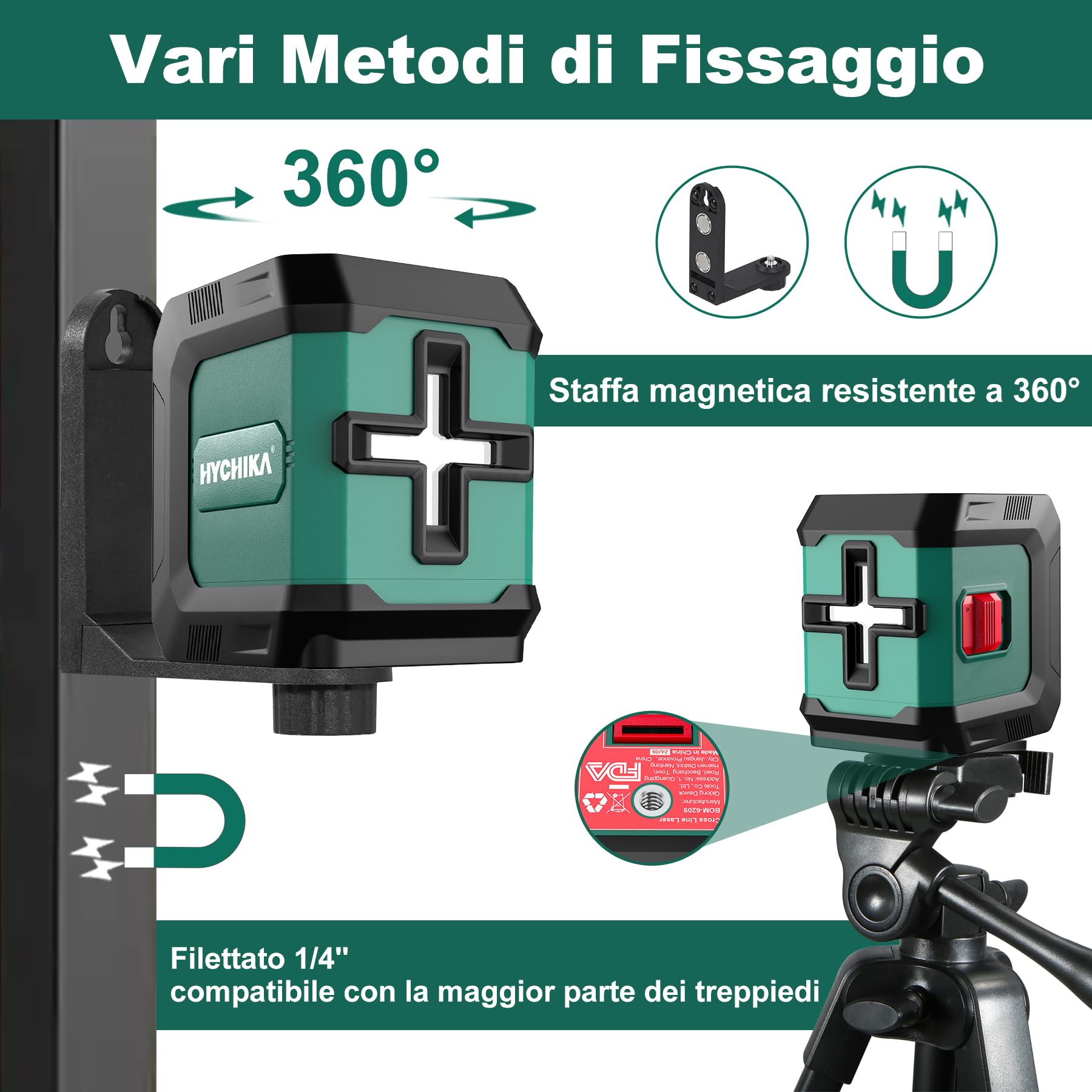 HYCHIKA Livella Laser Autolivellante, Livella Laser Verde Regolabile con 3 Livelli di Luminosità, Livello Laser 15M con Magnetica Supporto, 2 Batterie AA, Uso Interno ed Esterno