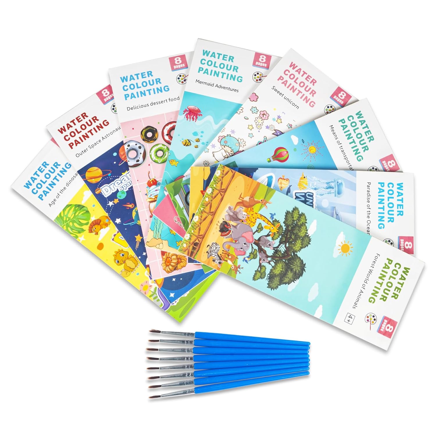 WISHKEY Water Colour Painting Notepad Set for Kids Pack of 8, with Brush in Every Book Water Painting Book 8 Pages with Water Color Multiple Themes Return Gifts for Birthday Boy Girl