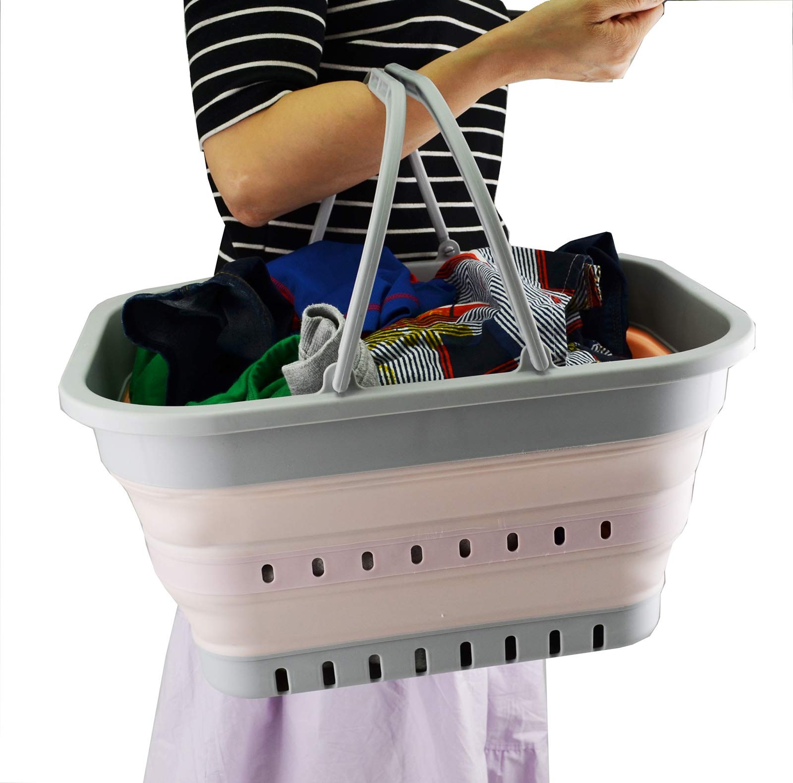 SAMMART Tina plegable de 19 litros con asa, cesta de picnic portátil al aire libre, bolsa de compras plegable, contenedor de almacenamiento que ahorra espacio (1, gris/rosa)