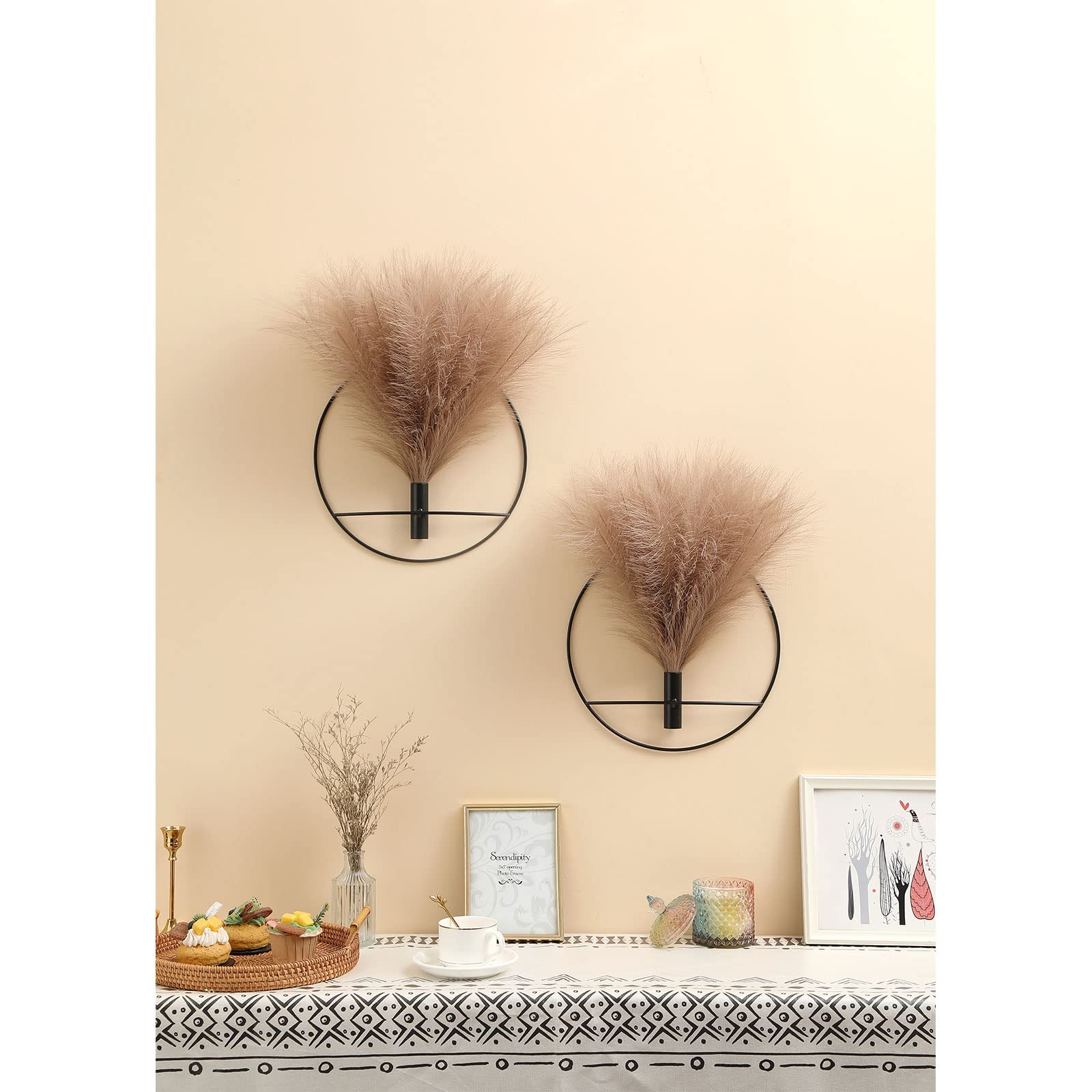 Pretty Jolly Decoración de pared bohemia, decoración de pared de metal grande, exhibición de pampas artificiales colgantes, arte de pared para sala de estar, dormitorio, baño, comedor, paquete de 2