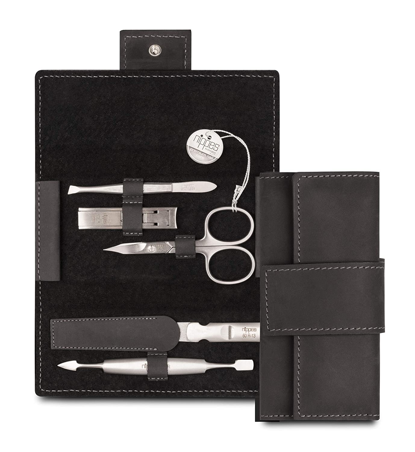 Nippes Solingen Nippes Premium Line - Set de manicura (5 piezas, acero inoxidable y sin níquel, estuche de piel de vacuno con botón de presión, color negro