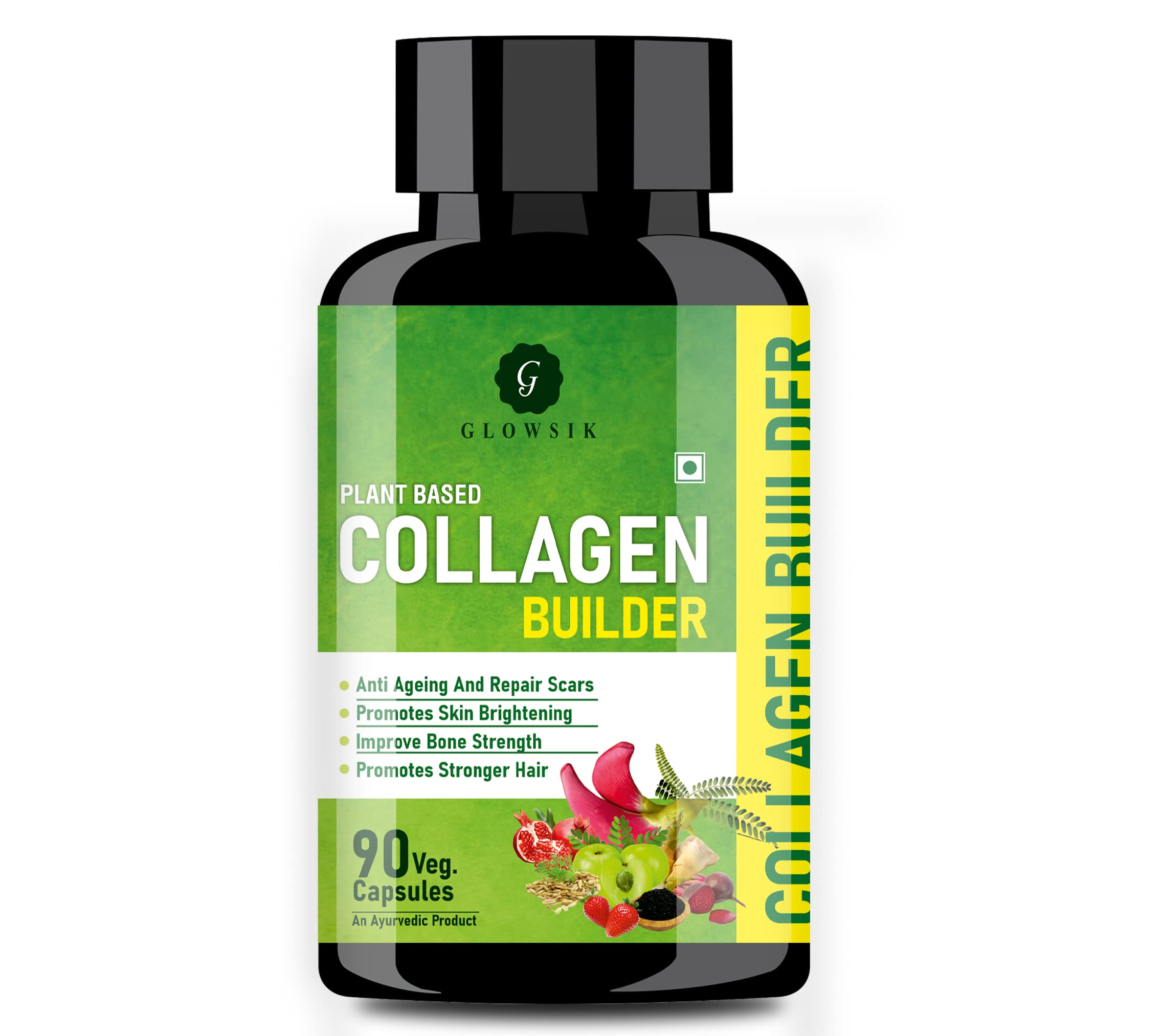 Glowsik Collagen Supplements for Women and Men for skin glow, hair & bones health - 90 capsules, Plant Based Collagen Builder