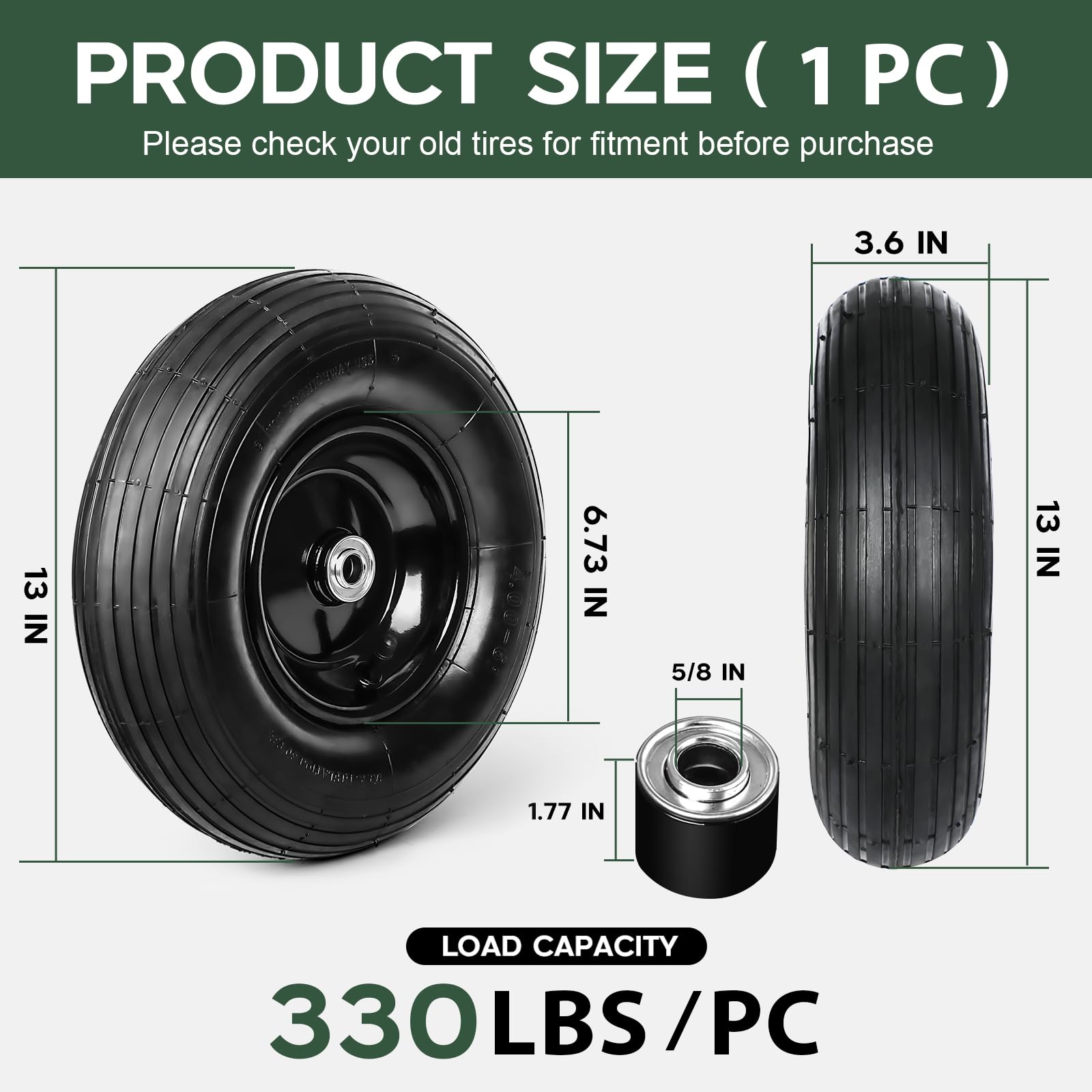 12,8 Zoll 1 PC Gummi Pneumatische Ersatzreifen und Räder 4.00-6 mit 5/8 Zoll Achsbohrung, aufgeblasenes Luftrad für Schubkarre/Wagon/Handwagen/Trolley/Gartenroller usw.