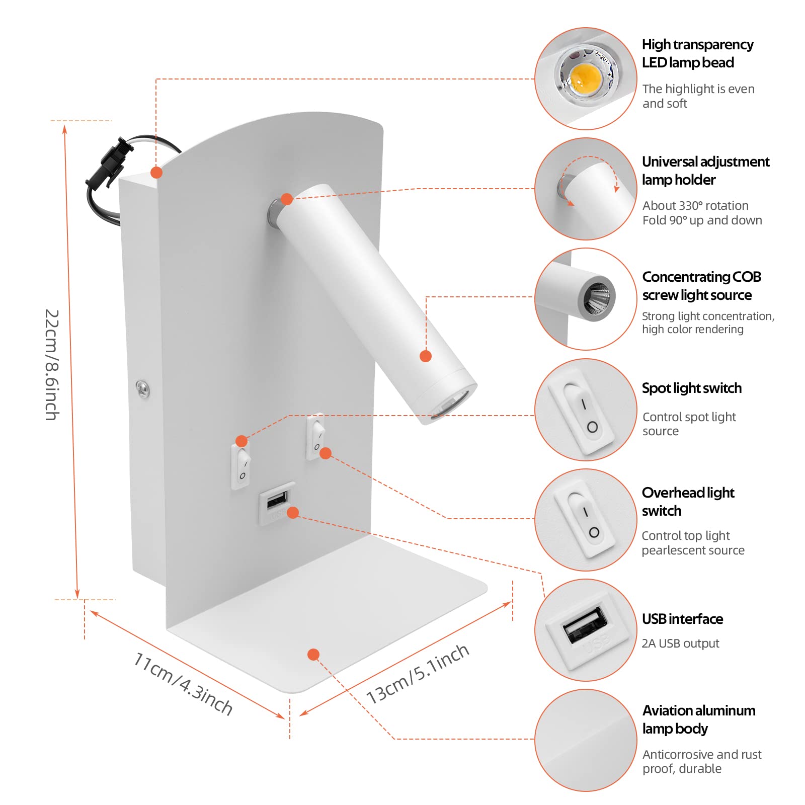 2Pcs Applique LED da Parete Interno, Applique da Parete LED con interruttore e ricarica USB, 12W Luce Caldo 3000k Luce da Lettura Comodino, Lampada LED Moderno per Camera da letto Soggiorno Bagno (D)