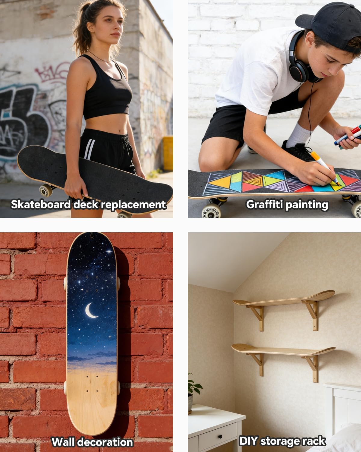 Blank Skateboard Decks 31 x 8 Inch 4 pc – 7-Layer Maple Double Tail Skate Board Deck for Art Painting, Wall Decor, Street Skate, Custom Pro Replacement Plain Skateboards Decks with Sandpaper