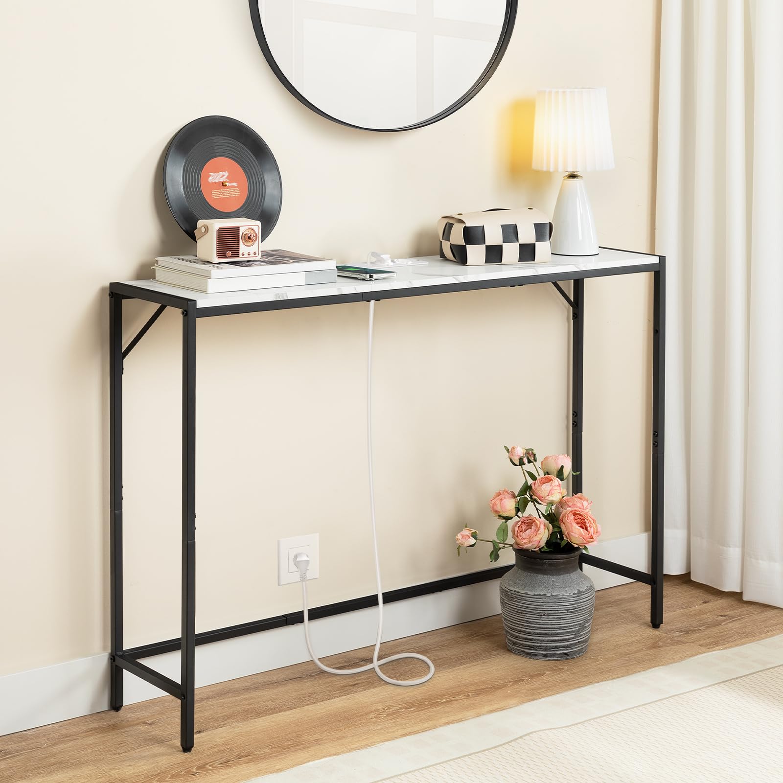 MAHANCRIS 100 cm 2-laags Consoletafel Bijzettafel met 2 Stopcontacten en 2 USB Smalle Entreetafel Haltafel Banktafel voor Hal Woonkamer Slaapkamer Foyer Zwart ACTHB115UE01
