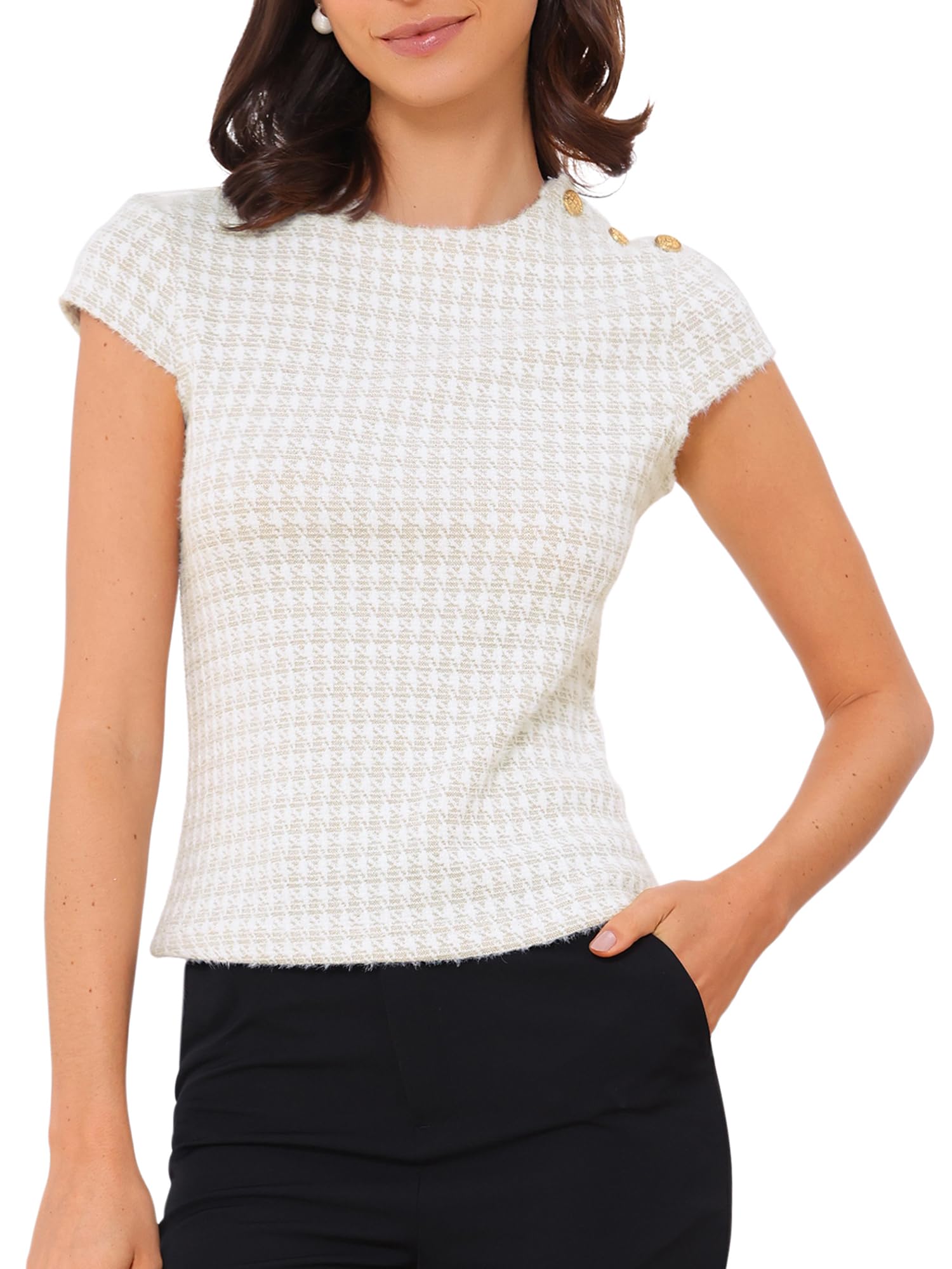 Allegra K Camicetta da donna con motivo pied de poule, con maniche ad aletta,
