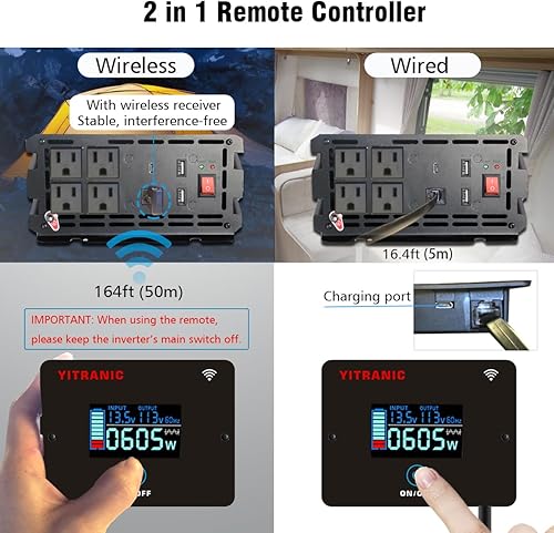 Miniatura 3 de YITRANIC Inversor de onda sinusoidal pura de 2500 W, 12 V a 110 V, convertidor de corriente CC a CA con control remoto 2 en 1 para el hogar,