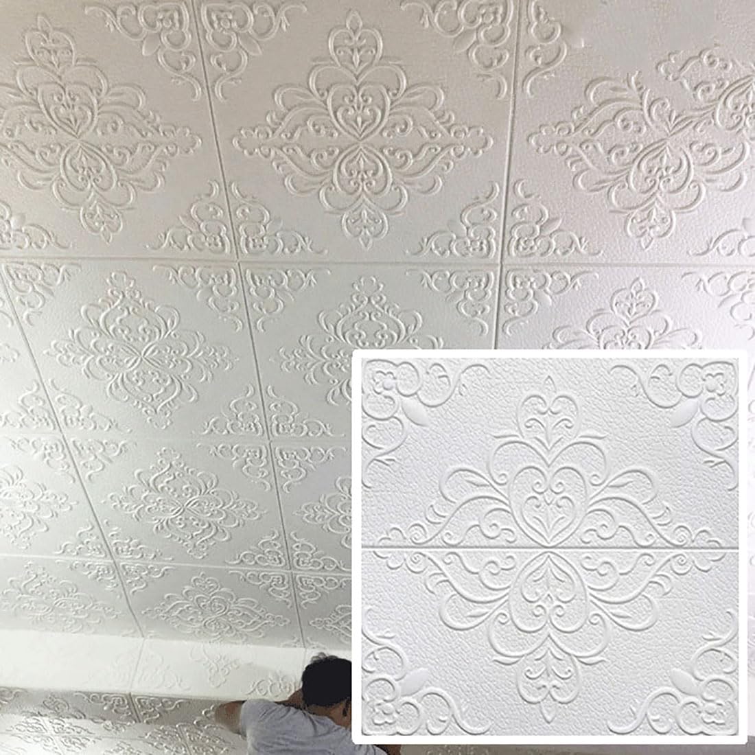 Papier peint adhésif brique blanche et panneau mural mousse 3D isolant