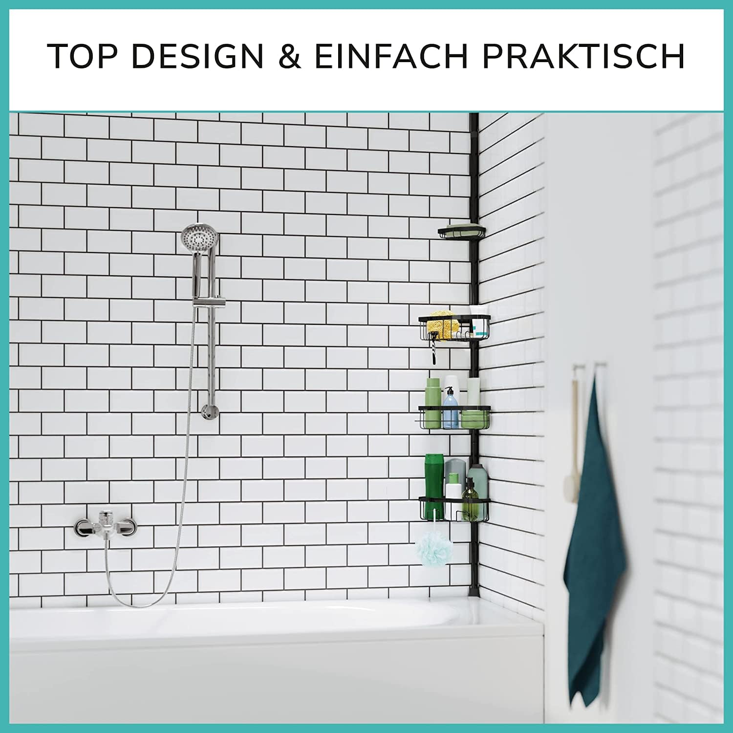 Teleskop Duschregal mit 3 Fach Anti-Rost Schutz (105-270cm) | Stabiles & flexibles 105-270cm Duschregal Teleskop ohne Bohren - Teleskopregal Bad 4 Körbe - Klemmregal Dusche und Badewanne