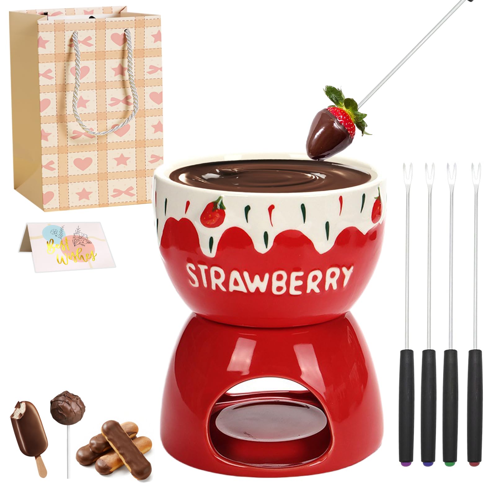Chocolate Fondue Set, 17oz Ceramic Cheese Fondue Set with 4 Stainless Steel Forks, Multi-Purpose Chocolate Melting Pot Cheese Fondue Pot for Dessert Making Gift for Kids (Ceramic, Strawberry)