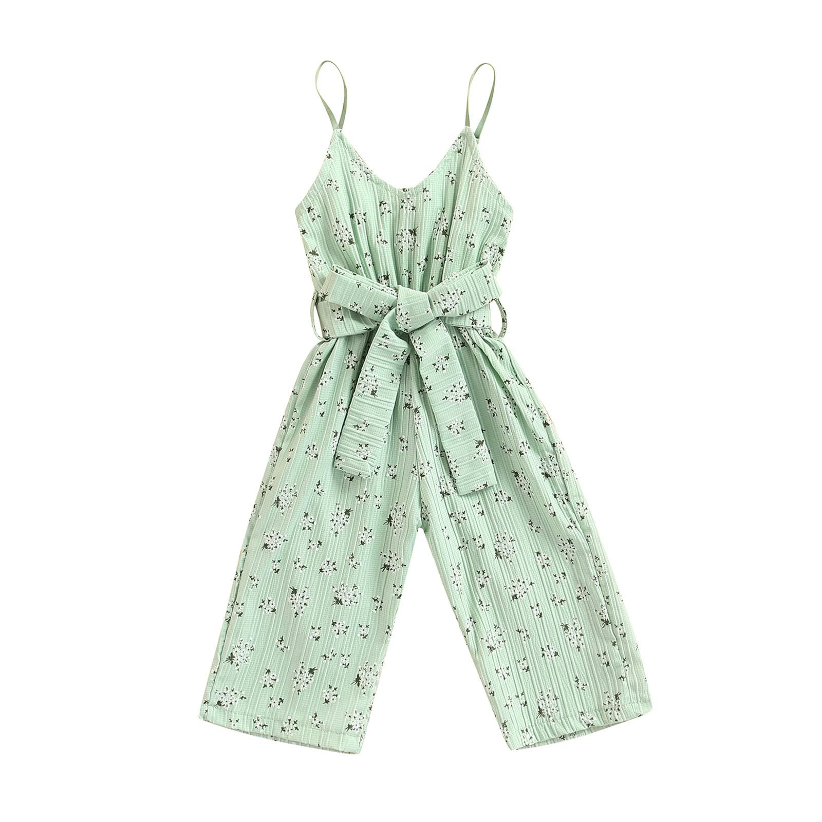 Toddler Baby Girl Floral Jumpsuits Summer Ruffle Straps Suspender Off Shoulder V Neck Wide Leg Overalls Outfit (with Belt Green,12-18 Months)
