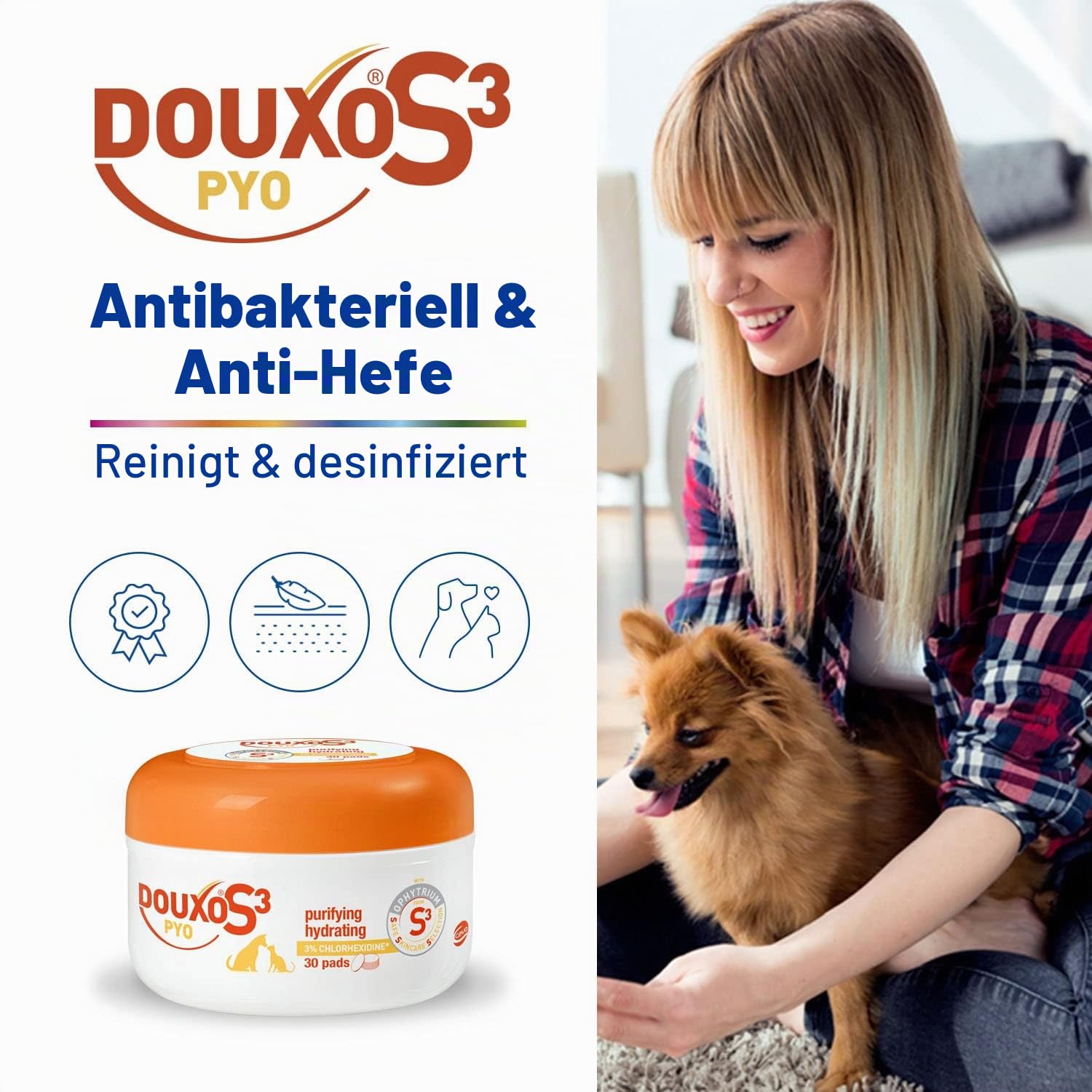 DOUXO S3 PYO Pads, antibakteriell und hefehemmend, für Hunde und Katzen, beruhigende Reinigungstücher für Katzen und Hunde, 30 Stück
