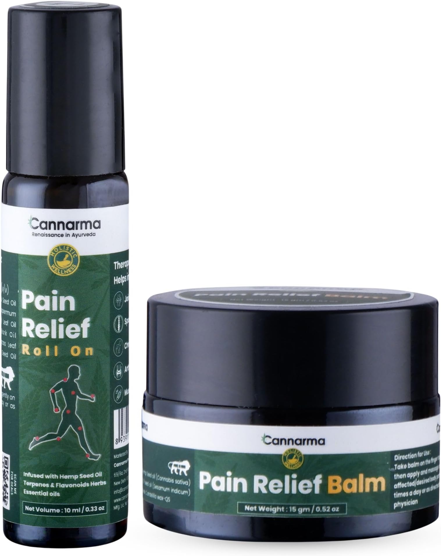 Hemp Pain Balm & Joint Pain Roll On Combo (15g Pain Balm + 10 ml Pain Roll On) | Reduces Joint Pain & Stiffness, Improves Mobility, Provides Immediate & Long-Lasting Muscle Pain Relief | Ayurvedic Pain Care