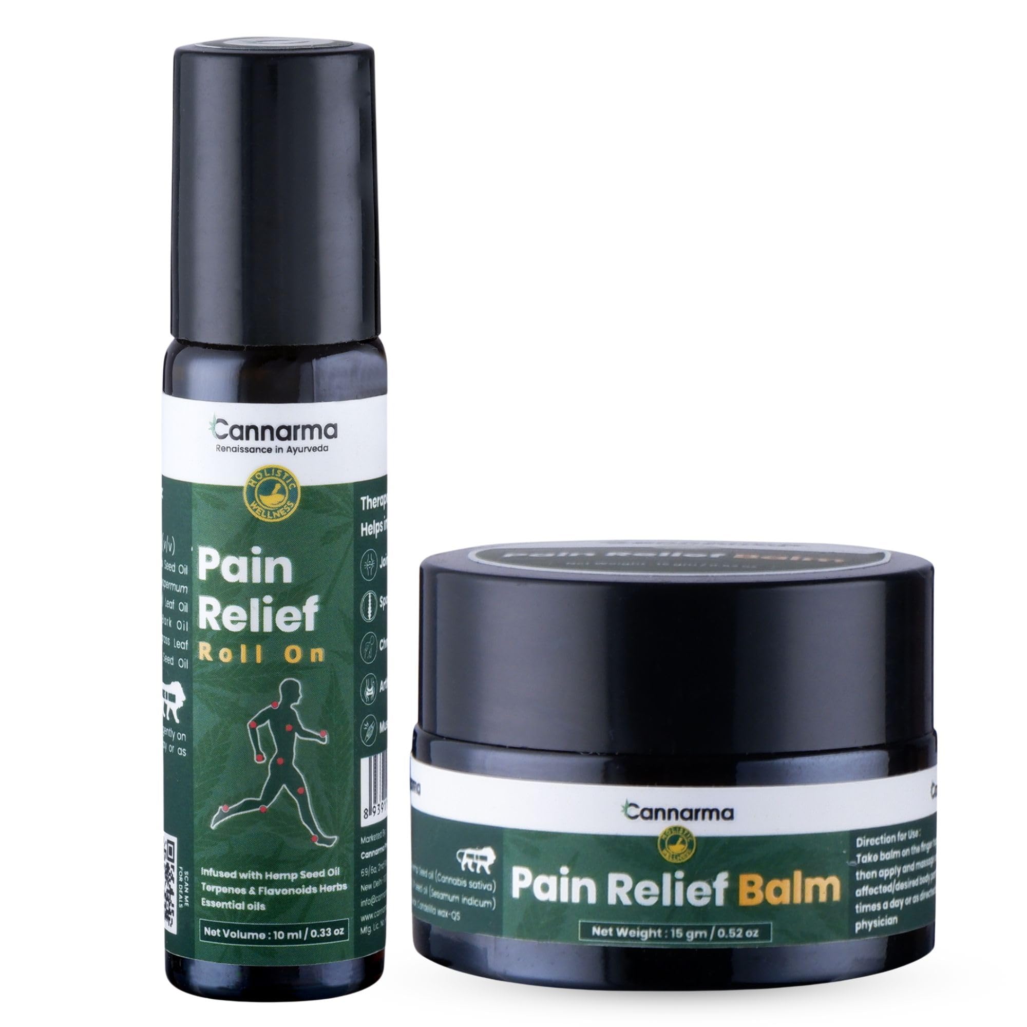 Hemp Pain Balm & Joint Pain Roll On Combo (15g Pain Balm + 10 ml Pain Roll On) | Reduces Joint Pain & Stiffness, Improves Mobility, Provides Immediate & Long-Lasting Muscle Pain Relief | Ayurvedic Pain Care