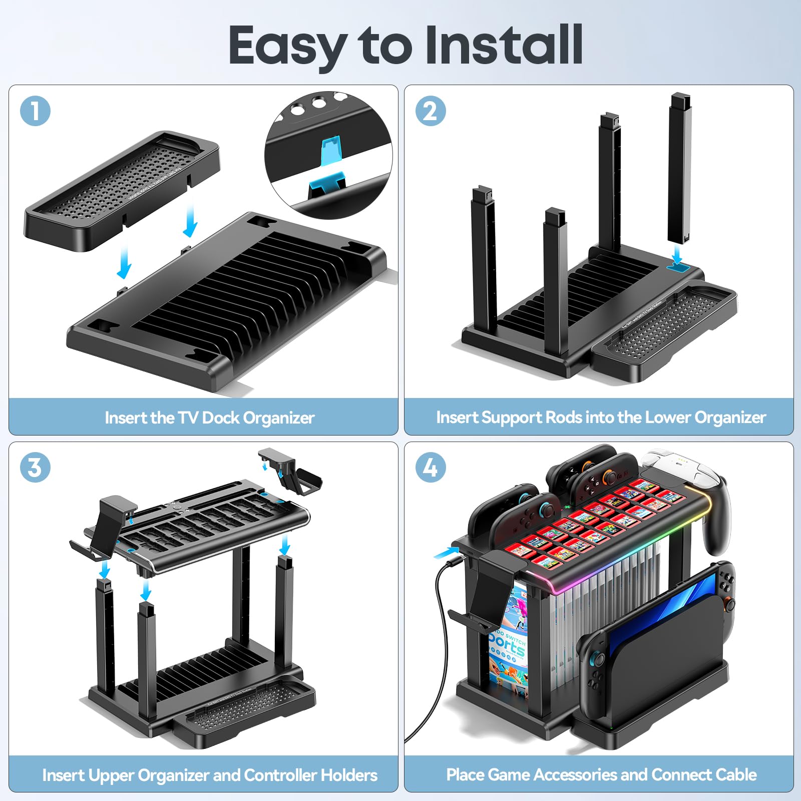Supporto di Organizzazione per Switch 2/OLED con Caricatore Joycon, Base di Archiviazione per Switch 2025 con Dock TV, Luce RGB Base di Ricarica Magnetica Joycon con Porta Schede Gioco (16 Slot)