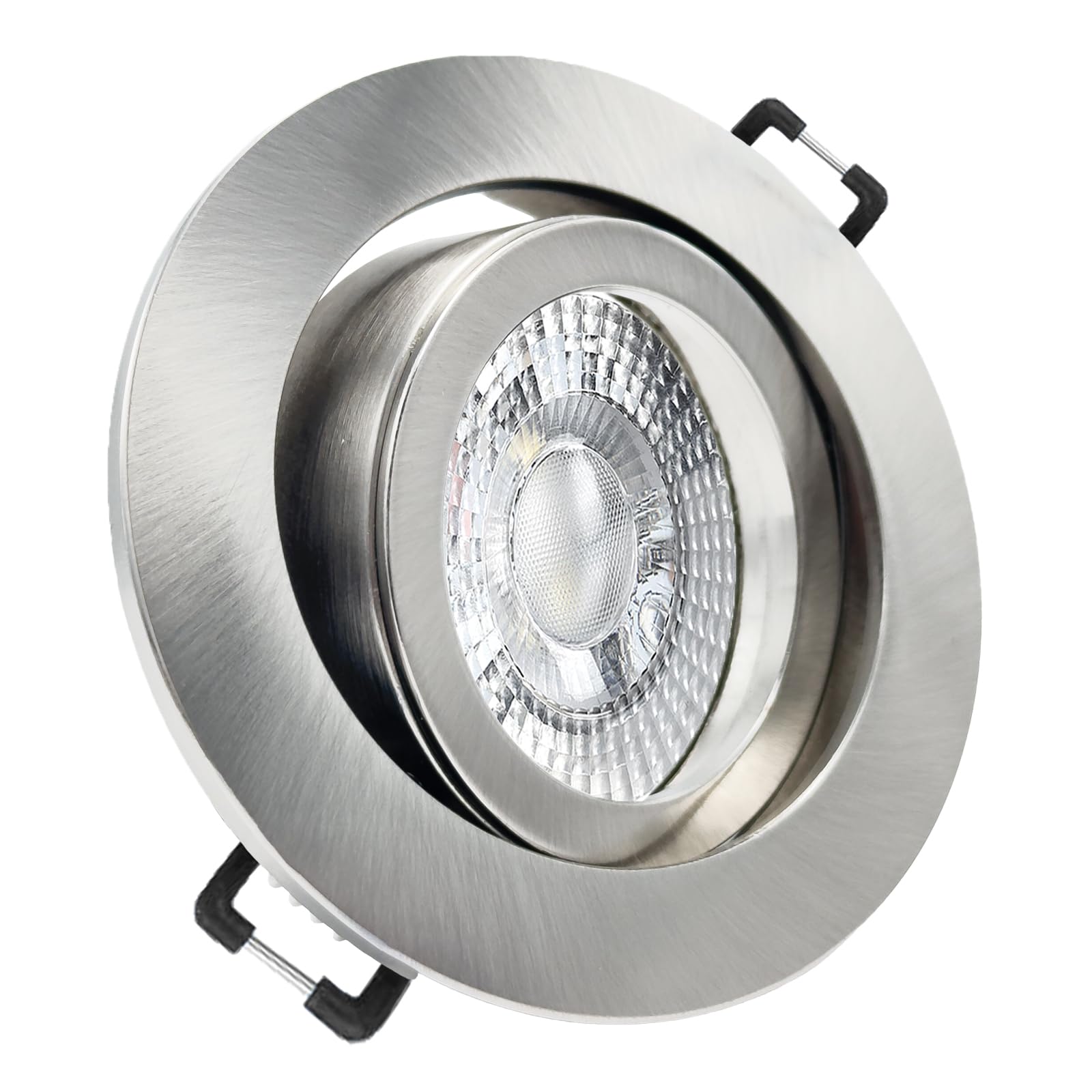 trendlights24 Premio-C LED Einbaustrahler Edelstahl 5x Set 7W dimmbar 230V | Decken Einbauleuchte, Edelstahl Optik, rund, LED Spots, GU10, 50°, Warmweiß, 3000K, austauschbar, Deckenspots, schwenkbar