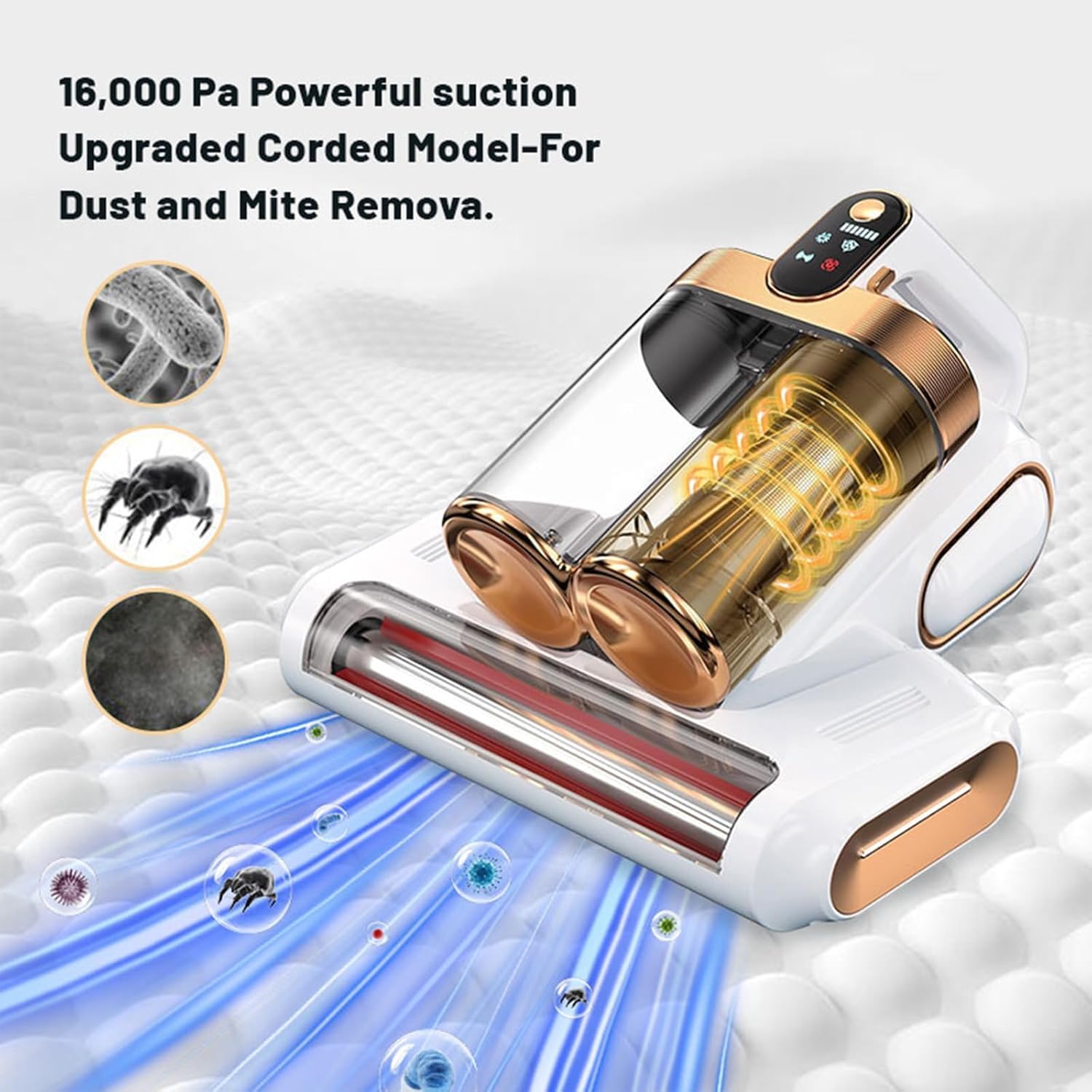 Yaasier Aspirapolvere per materassi,16kpa Battimaterasso Antiacaro con luce UV-C a 253,7nm, Rimuove il 99,9%, Riscaldamento Rapido, Aspirapolvere antiacari per materassi, letti,divani