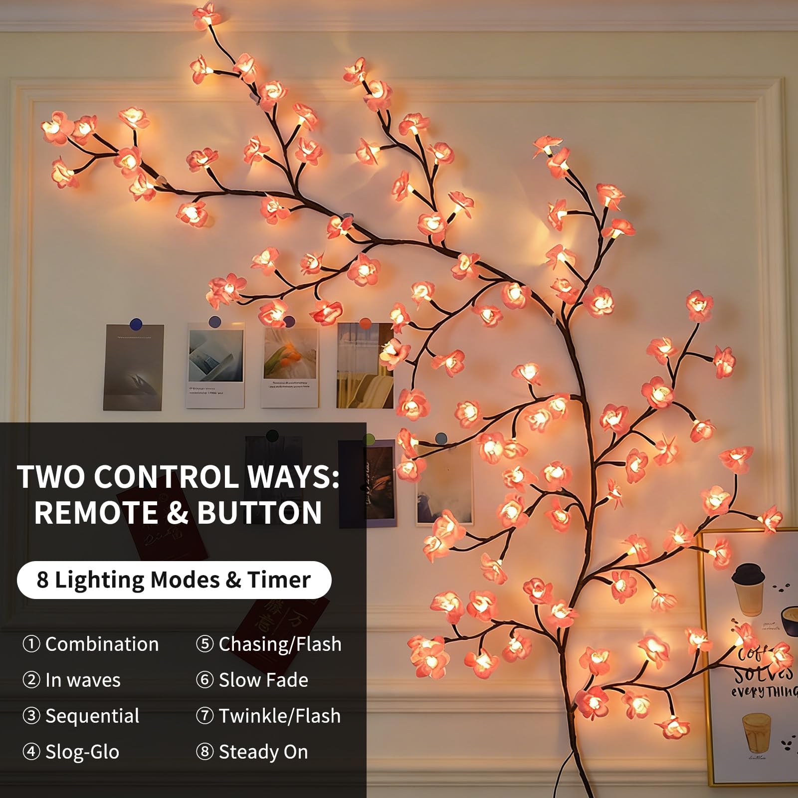 Luces de Ramas de Flores de Cerezo LED,96 LEDs Decoración de Pared de Flores de Cerezo 180CM,Cadena de luces con Flor de Cerezo,Luces LED de Ramas de árbol de Cerezo para Pared,para Dormitorio,Arte de