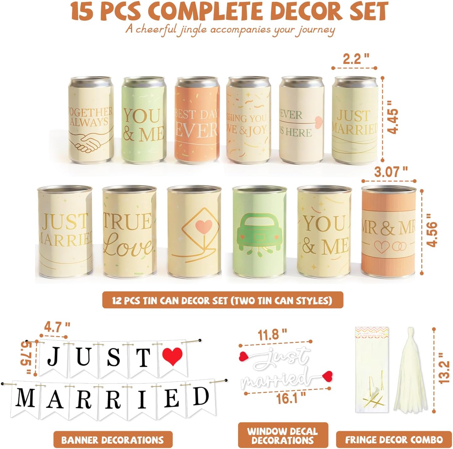 Just Married Car Decorations Kit - 15 Pcs Wedding Car Decoration Set with 12 Tin Cans for Car Bumper, Banner, Window Decal & Tassels - Romantic Wedding Car Accessories, Just Married Sign for Vehicle