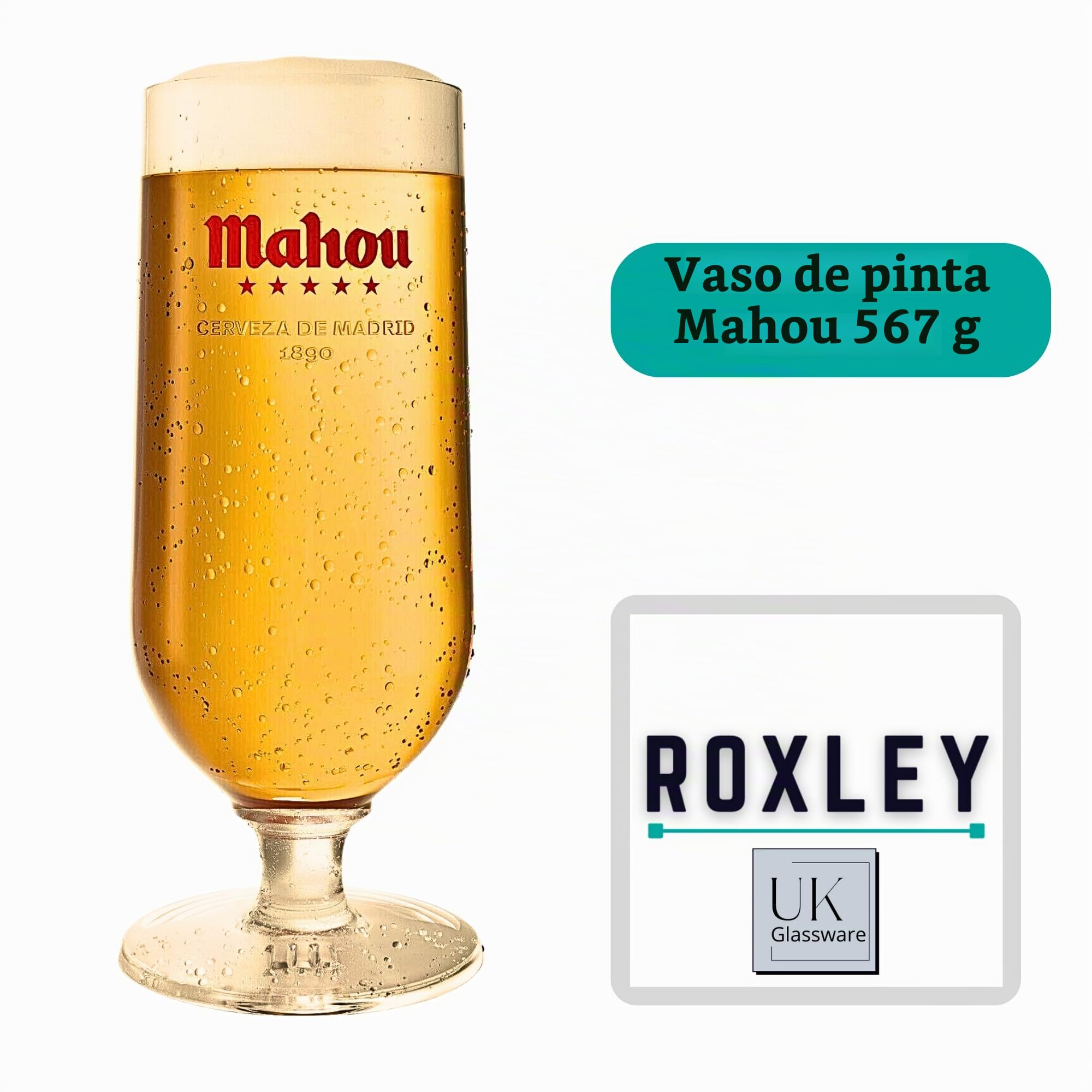 Roxley Mahou Pint Lager - Vasos de cerveza (2 vasos de 56 cl), también viene con alfombrillas de cerveza de marca
