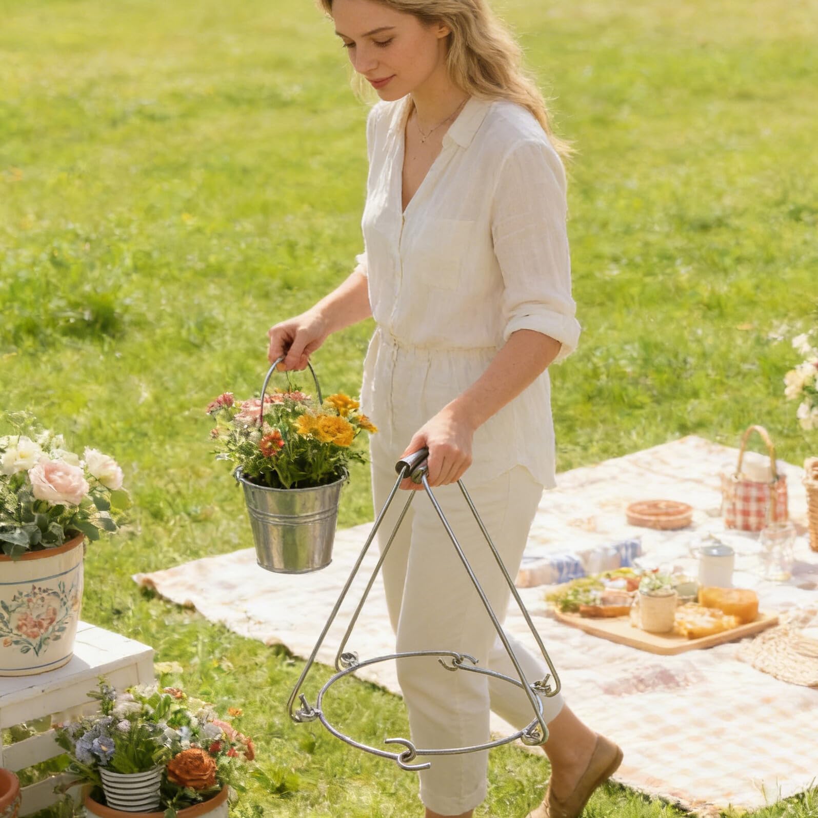 Toyvian Herramienta para Levantar Macetas y Tarros de Cerámica de Acero Inoxidable 6 Mm, Soporte Resistente para Jarras de Vino de 15 Kg, Elevador para Jardín y Uso Doméstico, Adecuado