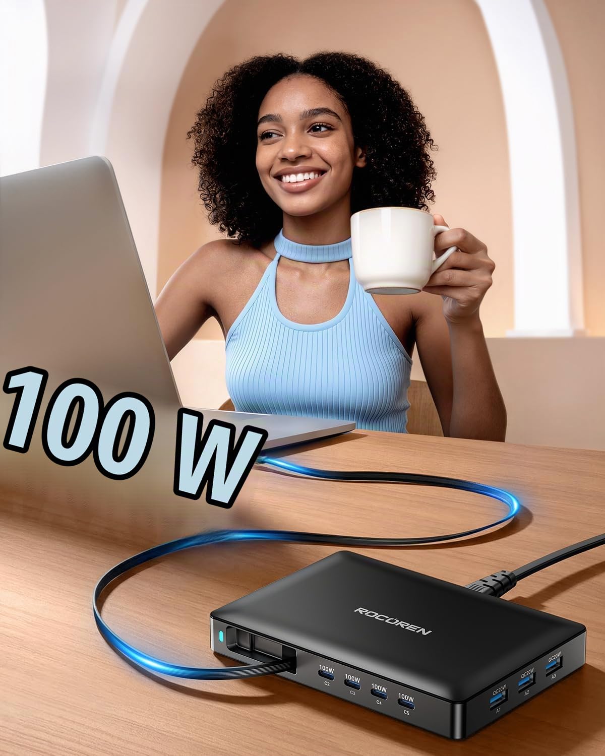 Rocoren 8 in 1 Retractable Charger USB C Ladegerät Mehrfach mit Schnell Einziehbares Ladekabel, PD 100W GaN Ladestation Mehrere Geräte Kompatibel mit iPhone, Galaxy, MacBook, Pixel, Laptops, Handy