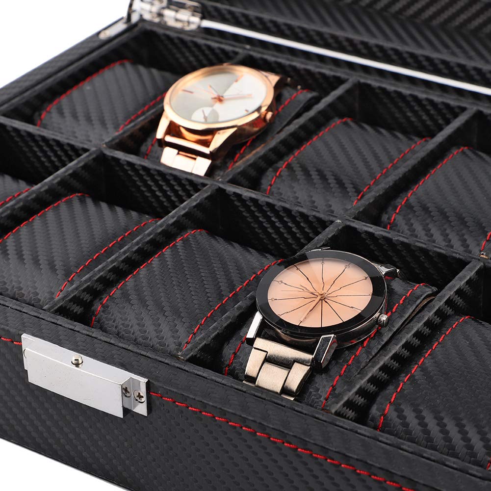 Alomejor Organizador Elegante de Caja de Reloj de Fibra de Carbono con 10 Ranuras para Exhibir 10 Relojes para Tocador Escena Aplicable Negro 11 * 8,7 * 3,4 Pulgadas