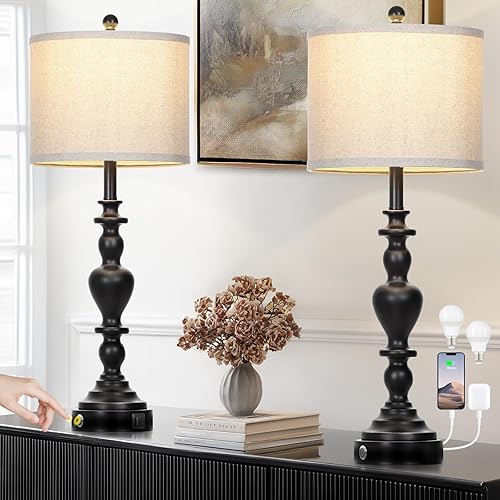 Juego de 2 lámparas de mesa vintage de 27 pulgadas para sala de estar, lámparas rústicas de mesita de noche con puertos USB C+A, lámpara de noche