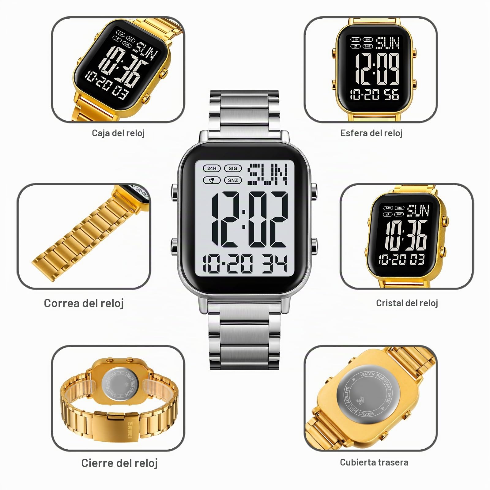 findtime Reloj digital para hombre con números grandes, para personas mayores, negocios, reloj de pulsera digital, correa de metal, reloj de lujo, LED, hora dual, fecha, 12/24 h, cronómetro